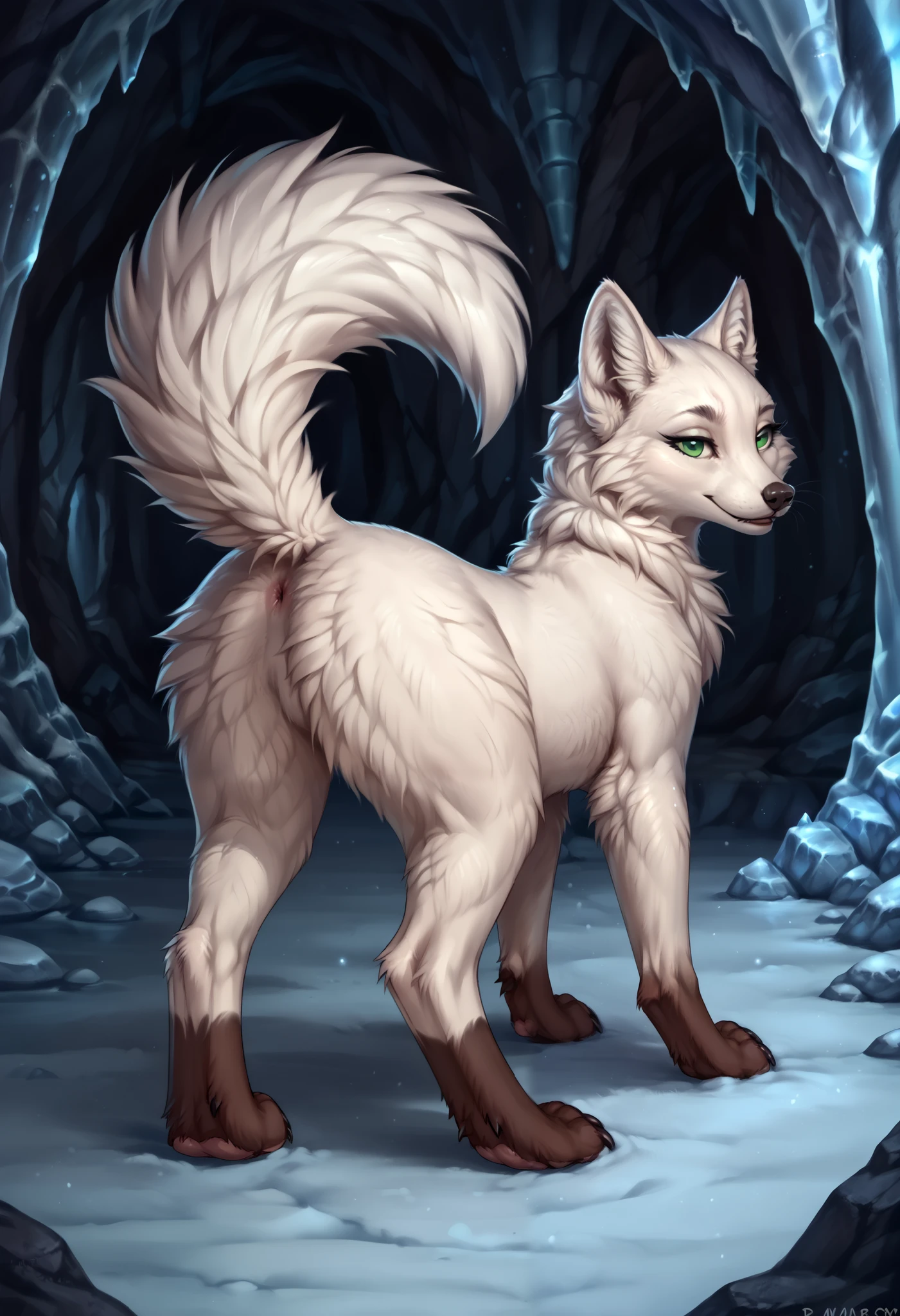 score_9, score_8_up, score_7_up, score_6_up, solo, female feral arctic fox, extra fluffy, detailed fur, black pupils, green eyes, white body, countershading, solo, short hair, paws, digitigrade, ice cave, raised tail, seductive pose, back view, three quater view, detailed background