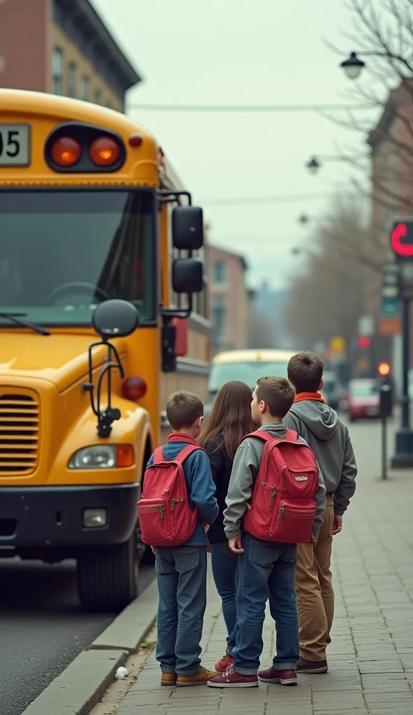 From a boy's perspective a bus stop with students watching the bus coming