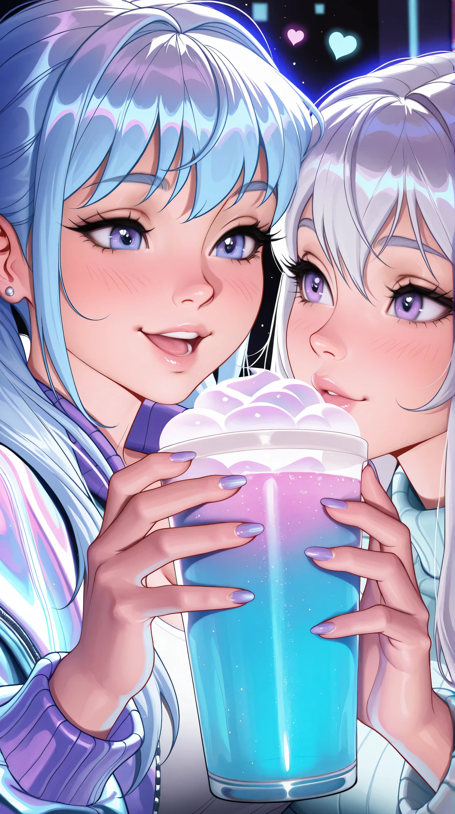(TangoBat:0.7),(Sakimichan:0.7),Two anime-style couple, ethereal couple, one with light purple/blue hair and the other with white/silver hair, are close together, dressed in sparkling, iridescent, light-purple/blue and light-blue/teal jackets/coats; they hold cups of a similar bubbly drink; the scene is bathed in a soft, dreamy, and vibrant, pastel, neon-light-blue/purple color palette, with a snowy/wintery, festive atmosphere, hyperrealistic features and expressive poses. ,masterpiece, best quality,absurdres