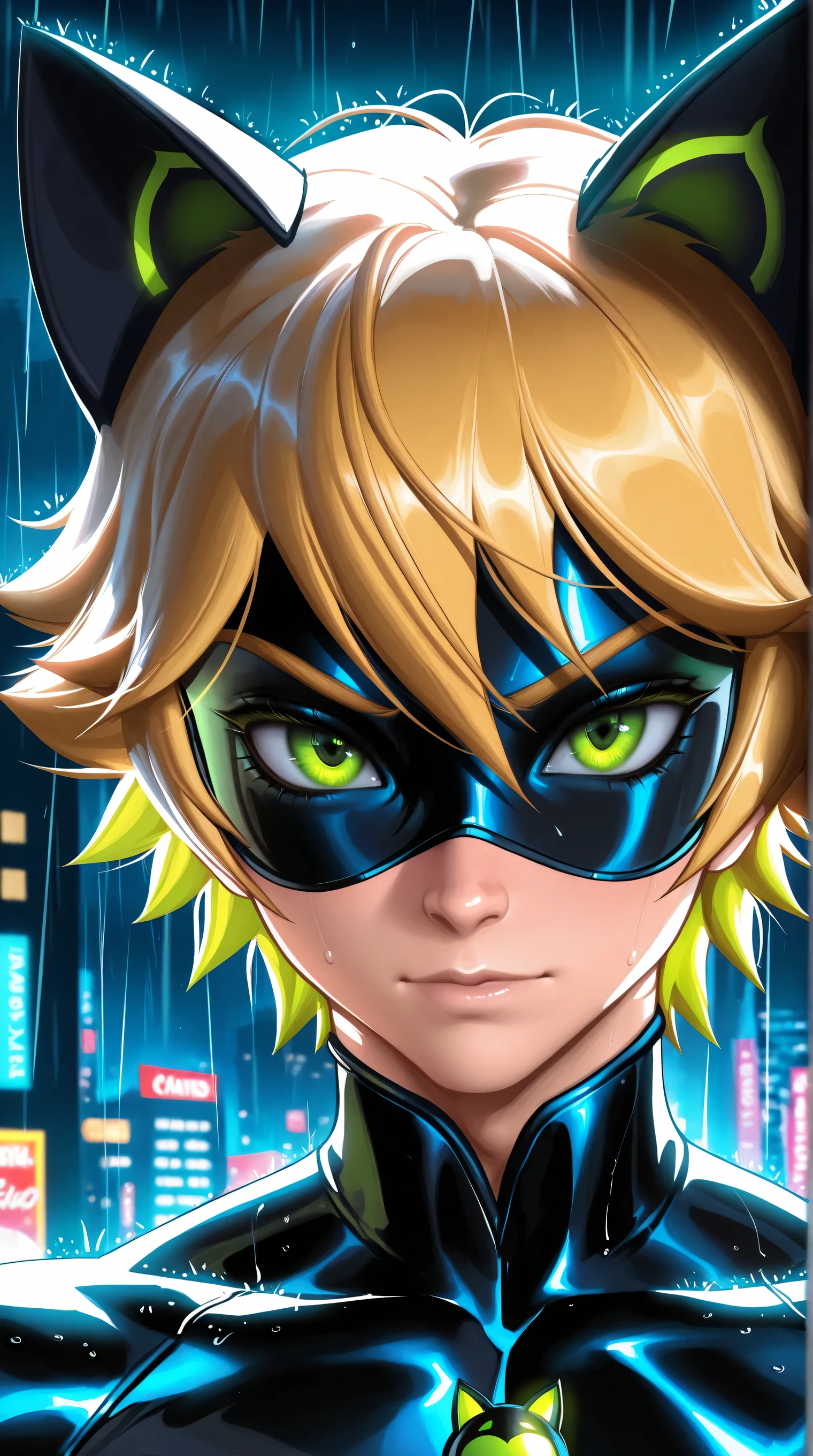 (TangoBat:0.7),(Sakimichan:0.7), 1boy,male, Chat Noir, Miraculous Ladybug, anime style, rain, night city background, close-up portrait, glowing green eyes, cat ears, detailed, sharp, masterpiece, best quality,absurdres