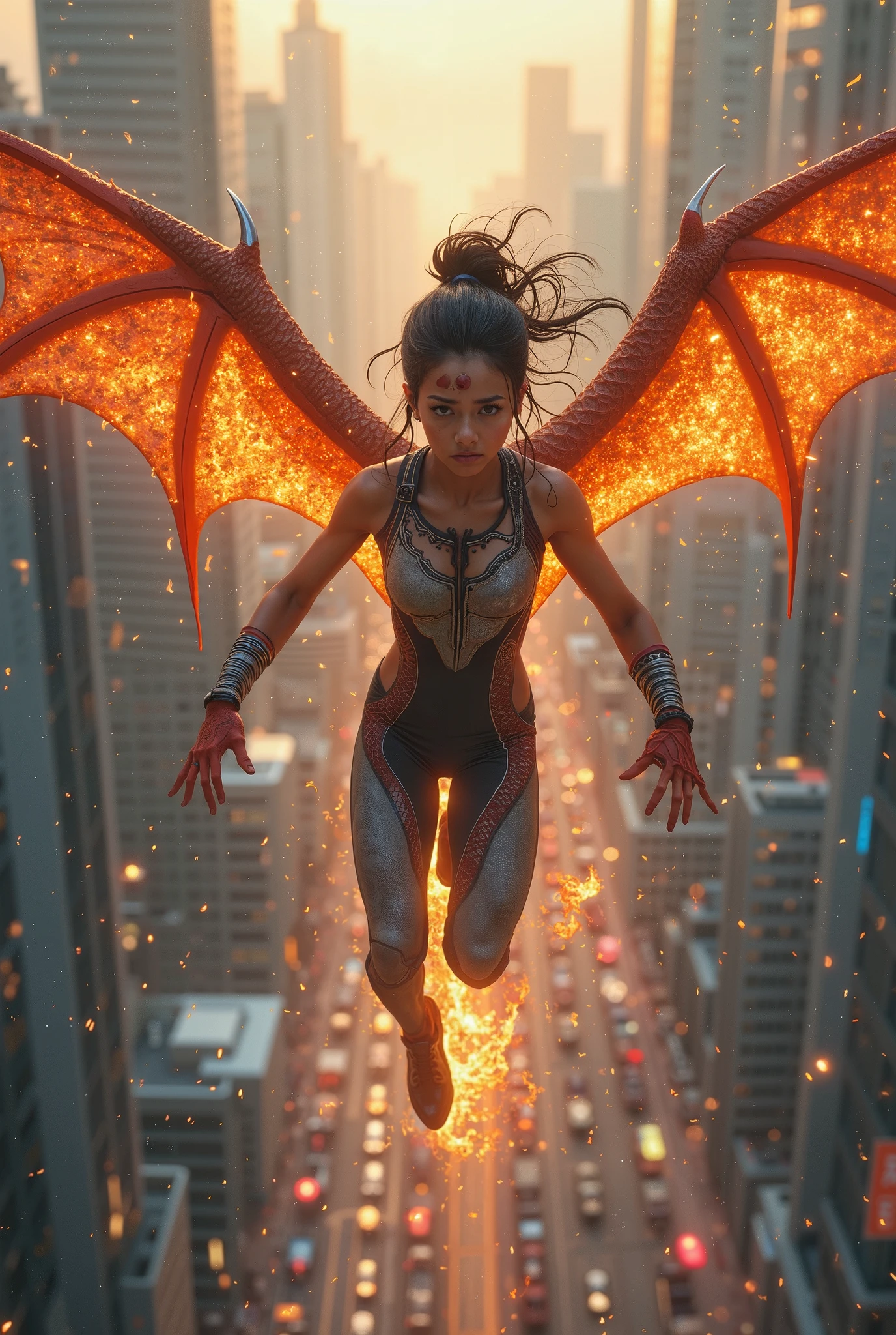 create an image perfil of phoenix style dragon woman holding the wind as her power some mountain background
