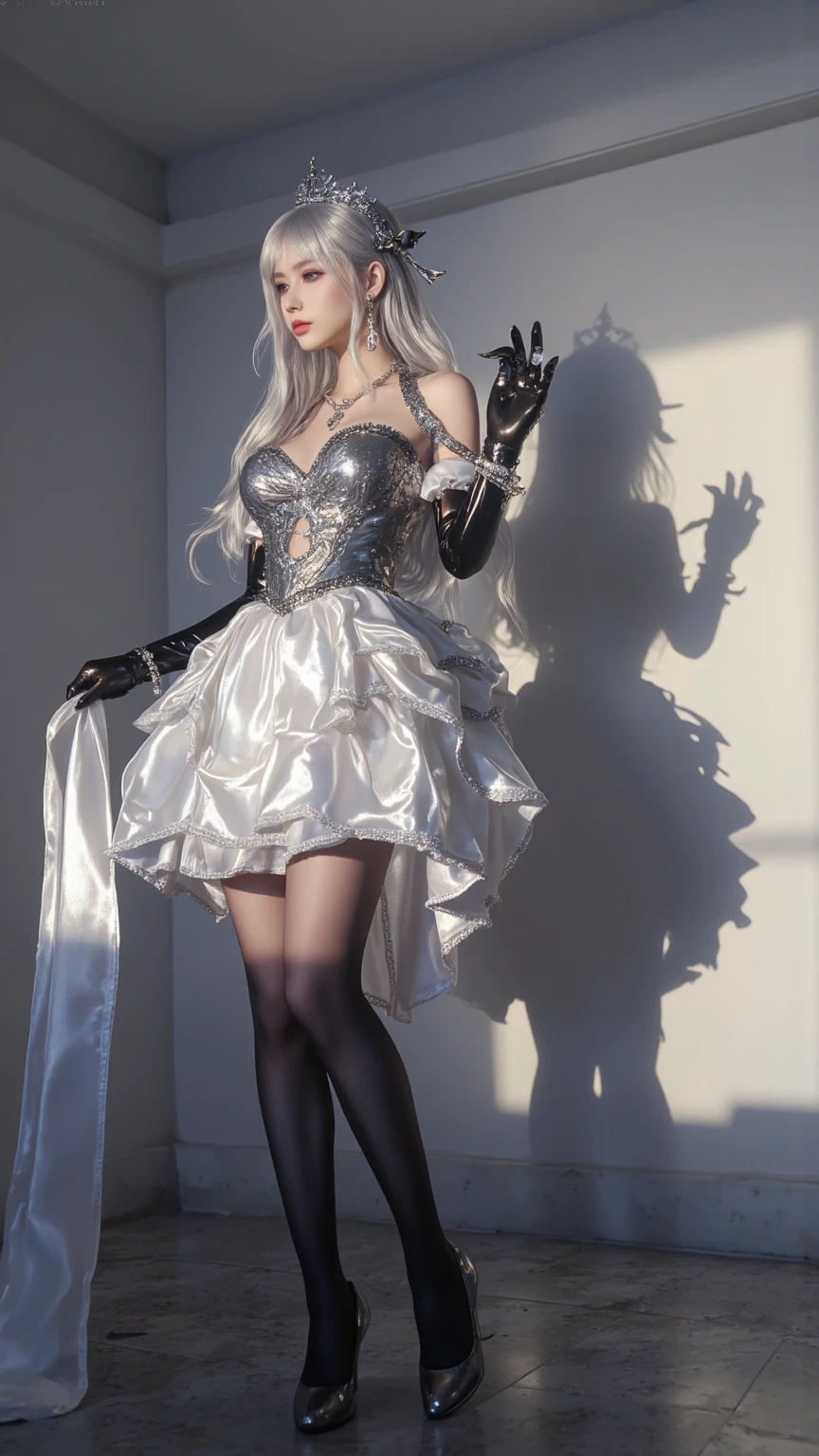 Realistic photography, high quality, The Snow Queen kneeling under the table in a modern office, she is wearing a short skirt and a tight top, thin waist, detailed face, Bright day, thin hips, (acid rain outside a huge window: 1.1), strong wind, magic light, danger