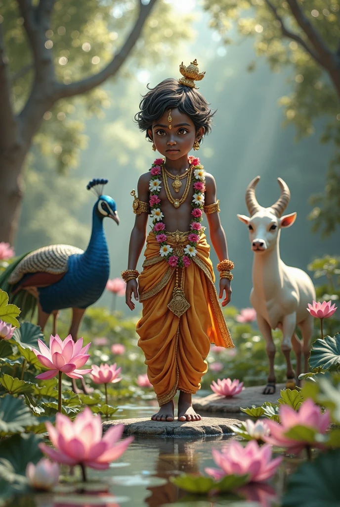 Sree krishna in a beautiful garden with many animals peacocks , cows.realistic image