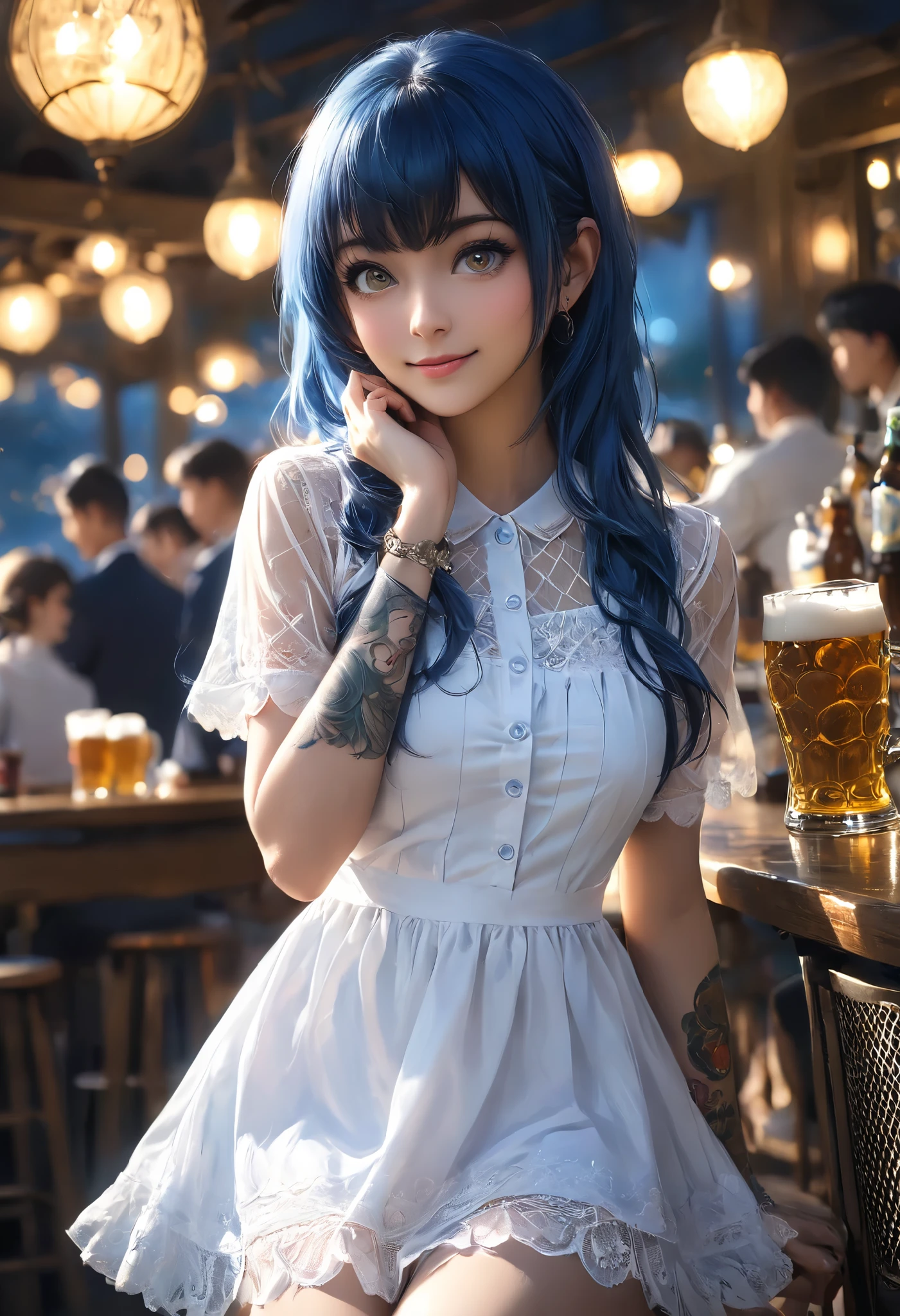 (Anime:1.4), (masterpiece), woman, alone, sensual pose, in a tight dress, fishnet stockings (nsfw:0.55), (intense colors) blue hair, yellow eyes, Bangs, sensual smile, beer, perfect belly, new school tattoos, depth of field, background blur, cinematic lighting, detailed background of night, (beautiful and delicate rendering of eyes), highly detailed, high resolution, super detailed, (wearing: white unbuttoned dress, white panties, white socks)