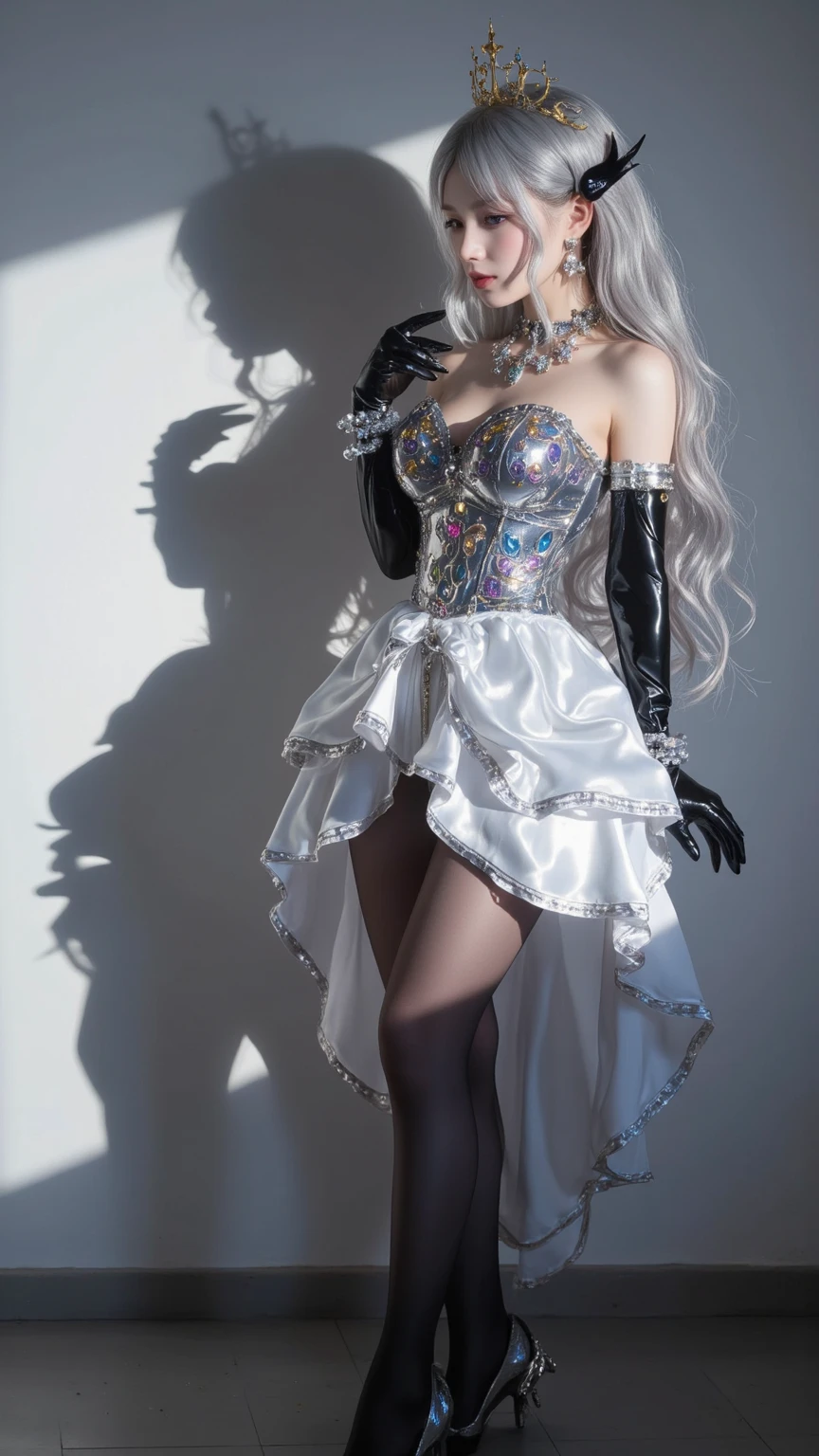 Royal sister,exquisite eyes,Detailed facial expressions body,tall figure,number,Leg length,4K,HD,,White translucent lace,Fair and plump figure,pretty face,Little cherry mouth,beautiful and delicious(3D royal sister),exquisite dress,Wear crystal heels,silver breastplate,Gorgeous crystal gems,Gem and jewelry crown,The colors of the picture are very vibrant,Gorgeous ice and snow princess,