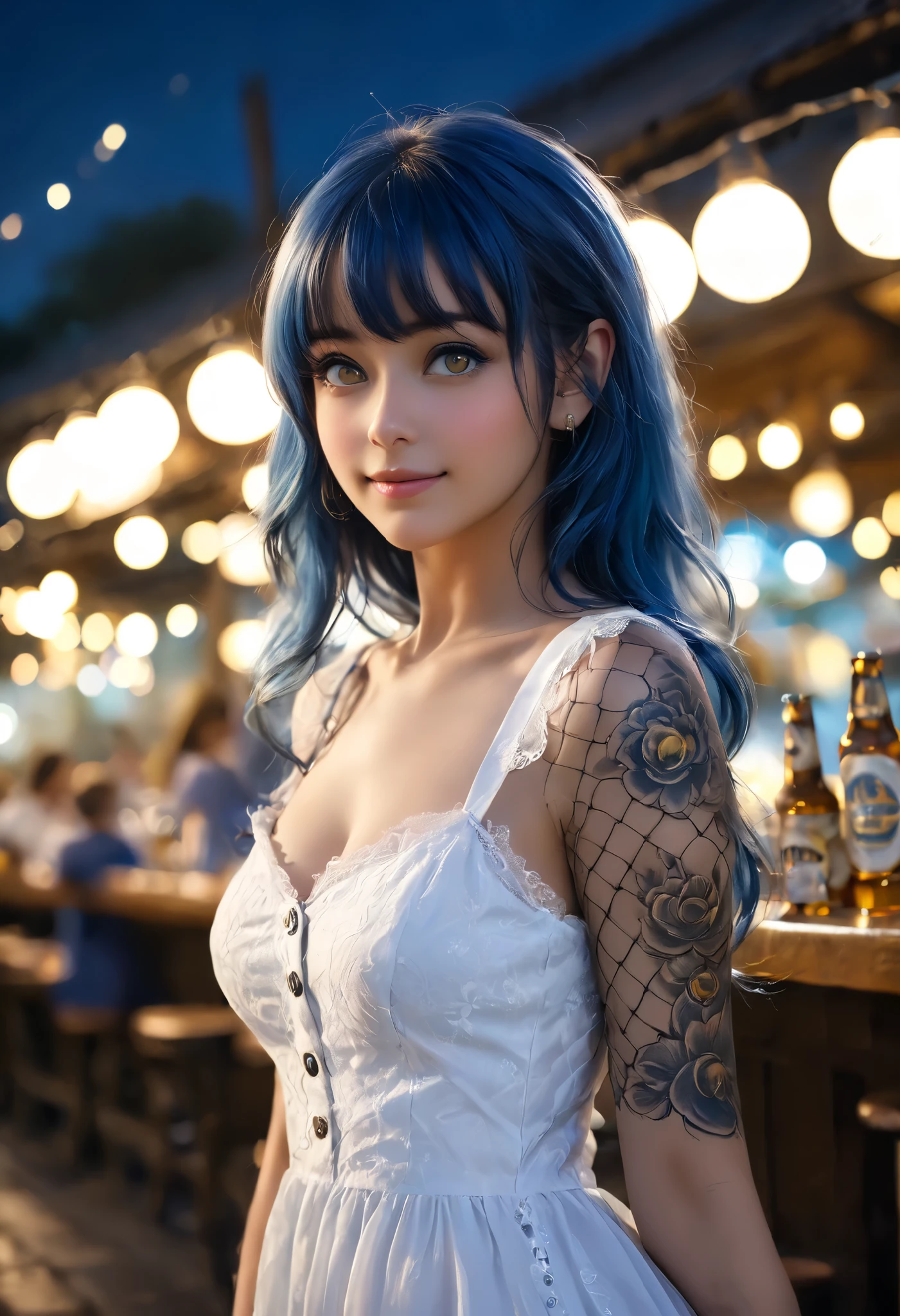 (Anime:1.4), (masterpiece), woman, alone, sensual pose, in a tight dress, fishnet stockings (nsfw:0.55), (intense colors) blue hair, yellow eyes, Bangs, sensual smile, beer, perfect belly, new school tattoos, depth of field, background blur, cinematic lighting, detailed background of night, (beautiful and delicate rendering of eyes), highly detailed, high resolution, super detailed, (wearing: white unbuttoned dress, white panties, white socks)