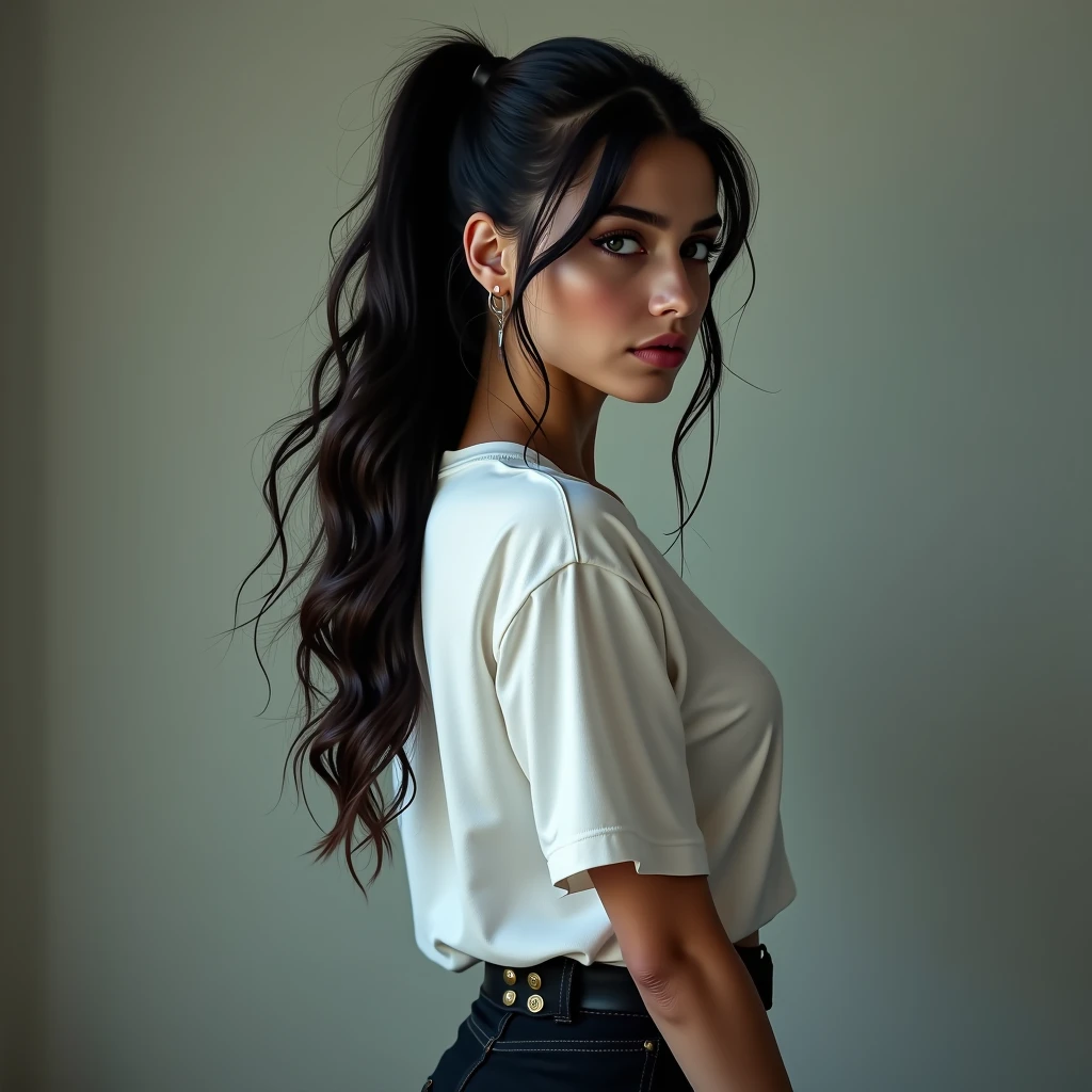 masterpiece, best quality, (photorealistic:1.4), from behind, ass, classroom, a photo of a beautiful  woman, black hair, wavy hair hairstyle, skinny, school uniform,