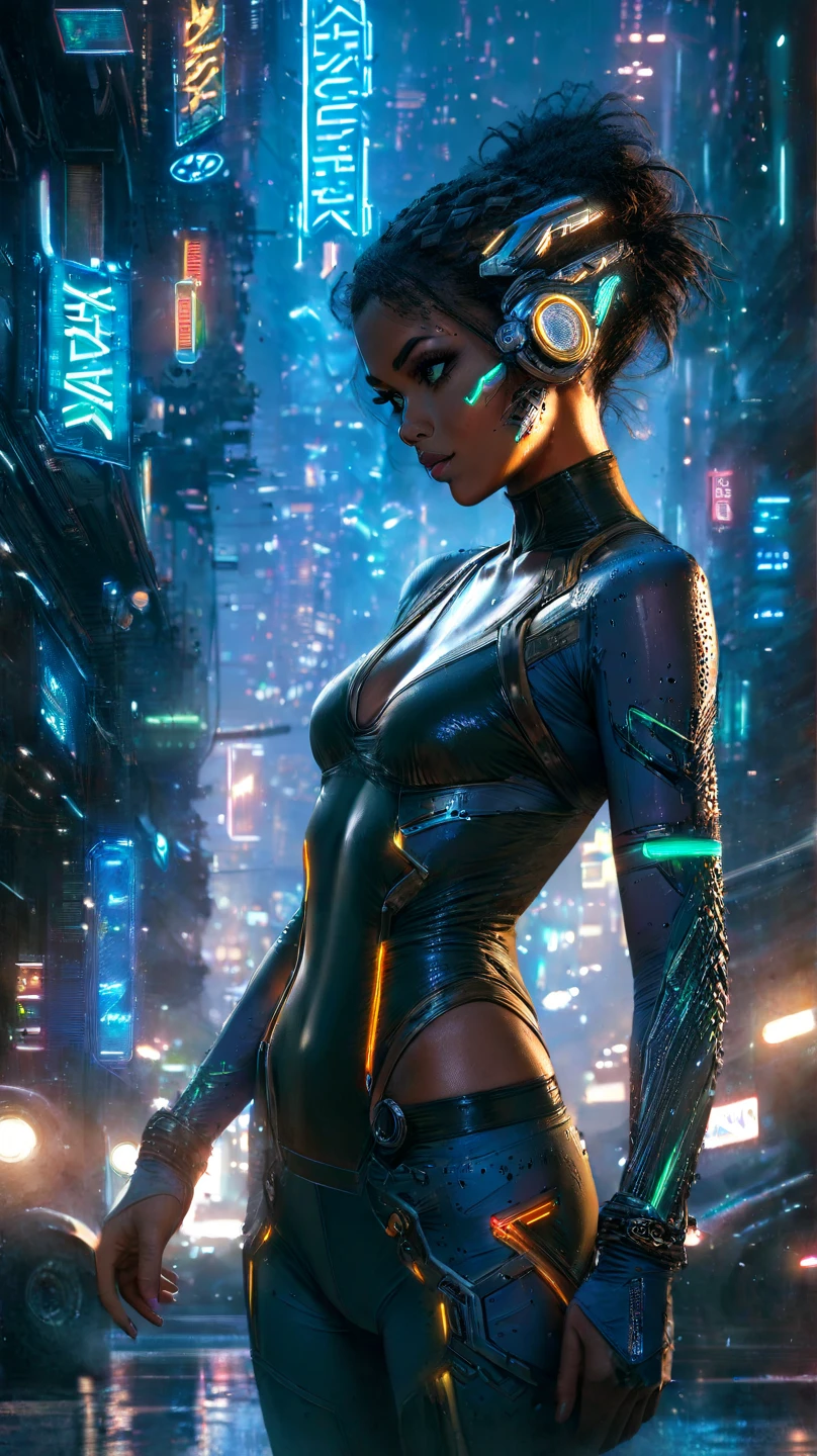 In a futuristic metropolis, Super Sexy Cyborg Girl, Her clothes were torn to shreds, Standing against the backdrop of towering holographic billboards, In a sea of bustling crowds, It shows the fusion of man and machine in the cyberpunk world., digital art, High-resolution rendering,