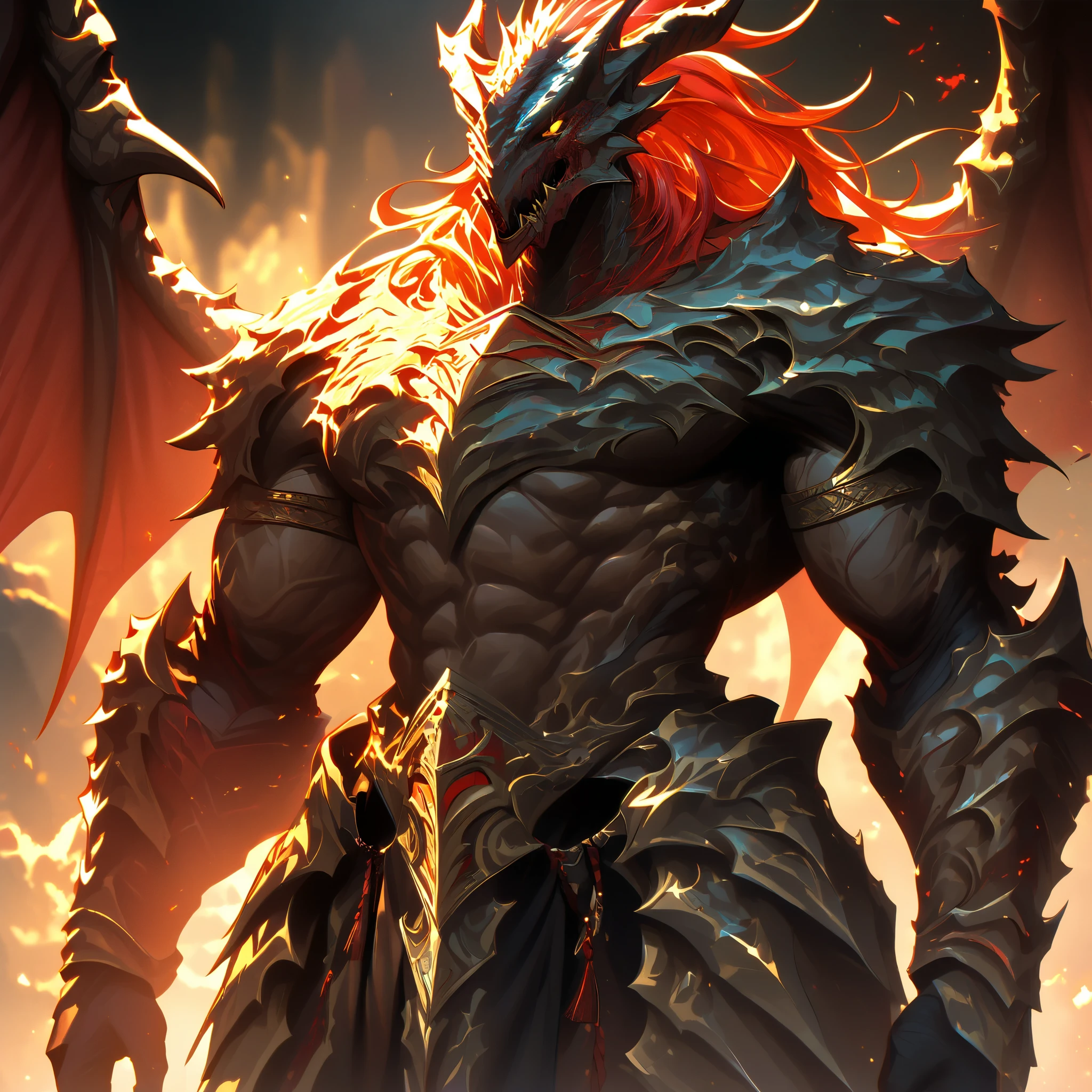 A male dragonborn adult, with chromatic red draconic ancestry. Humanoid dragon with golden eyes accenting his red scales. Tall and muscular, he stands proudly with honor, ready for battle. Cinematic lighting. High detail image. Dungeons and Dragons aesthetic.
