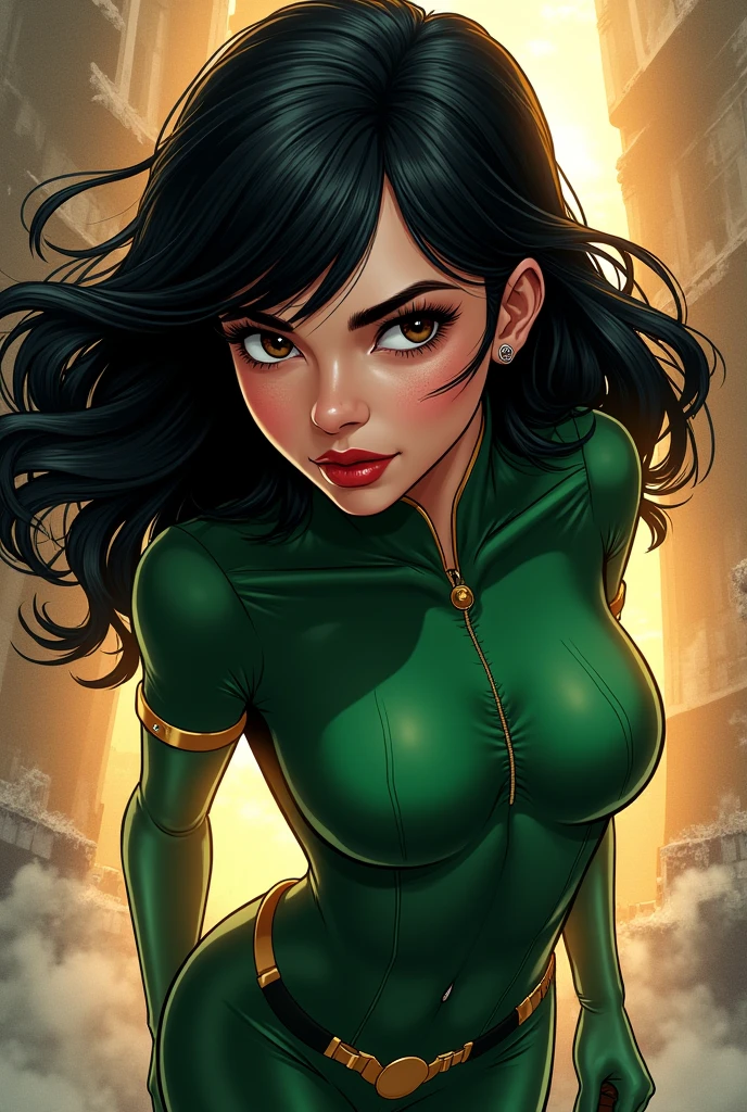 beautiful illustration of A girl，daughter of severus snape, 11 years old，Long hair, bangs, Black hair, Hair between the eyes, Green Eyes: Golden leotard，High leg，Over the city, Preparing for battle, Detailed art photos, Beautifully detailed face, dream-like, burn, Backlight, Glamour, Shine, Shadowy, Oil on canvas, Strokes, soft, Ultra-high resolution, 8k, Unreal Engine 5, Super focus sharp, ArtJam, Reusch, Hmph, An exquisite masterpiece, Threatening, Matte Painting Movie Posters, Golden Ratio, CGsocietyTrend, Complex, Spectacular, Very detailed, Vibrant, Creating movie characters, Quality Model Ultra High，
