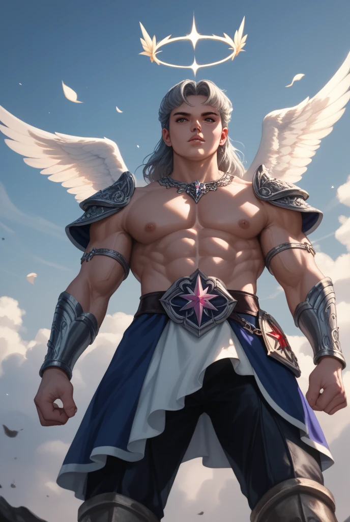 best qualtiy, tmasterpiece, 超高分辨率, illustration, 1 Men,Whiskers, musculature,penisbulge,with short black hair,Brush cut,Burly,Bruiser,Bright colors,flying feathers,White loincloth,Abs,rays of moonlight,Particle light effects,Dreamlike,penisbulge,ancient greek clothes,angelicales,Wings,The Holy Light shrouded,Gorgeous