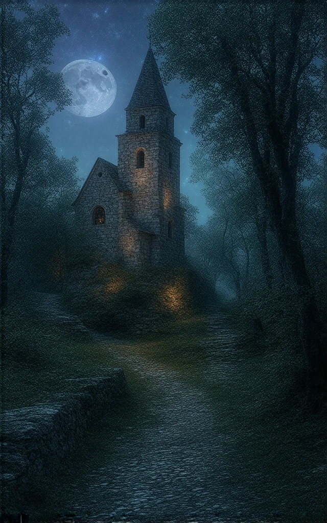 a dark haunted forest, hyper-realistic fantasy art, digital illustration, full shot, black silver neon, moon scene, leading up to a small white chapel,  shimmering blue, Intricate, Highly detailed, Digital painting, art by magali villeneuve and greg rutkowski