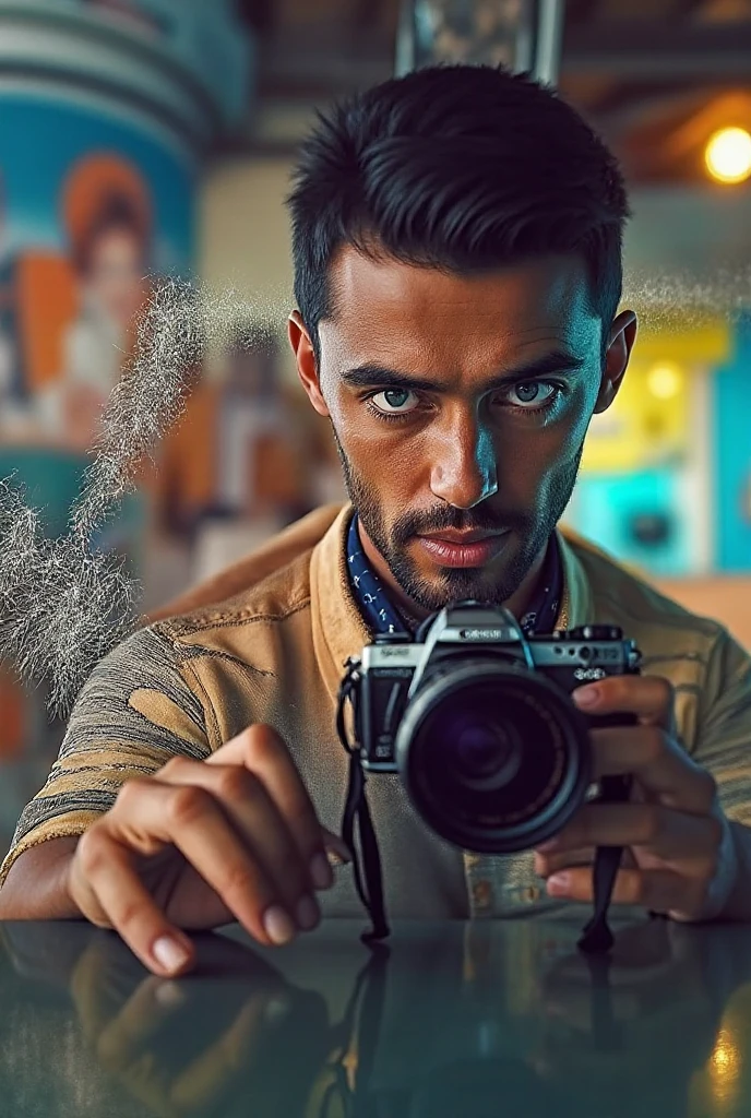 a close up of a man sitting on a stool holding a camera, mid-shot of a hunky, roshan, he is a rockstar, photoshoot, handsome and attractive, in a menacing pose, a handsome, handsome man, intense look, mm, profile pic, muscular!!!, morning shot, stylish pose, fan art, f 2, f2