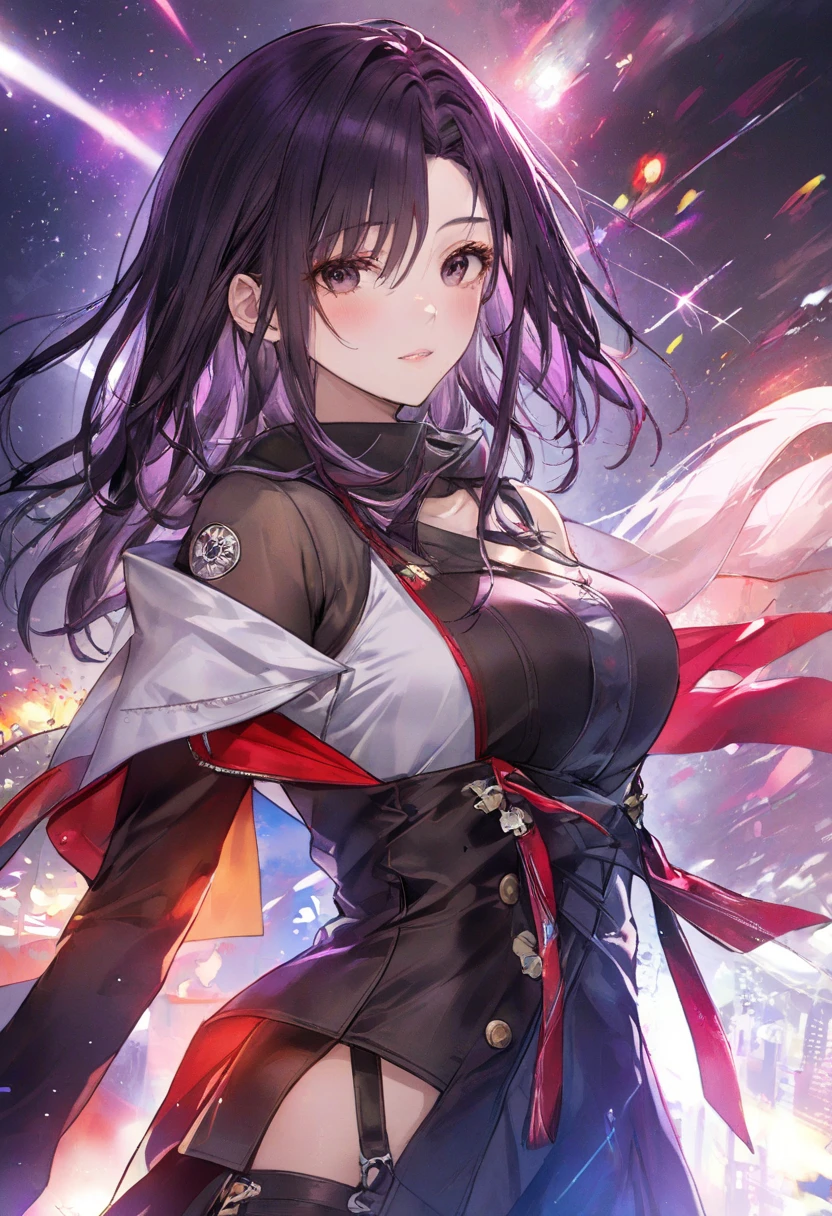 1girl, beautiful face, ((white eyes)), sexy pose, Red moon in the background, stars, space, (lightroom:1.13), soft light, (natural skin texture:1.2), (Hyperrealism:1.2), sharp focus, focused,[[realistic]]Front open shirt、Jacket、G-cup bust、Reddish-purple hair、Purple bra、skirt、Glamorous figure、Big Ass、Side view、

