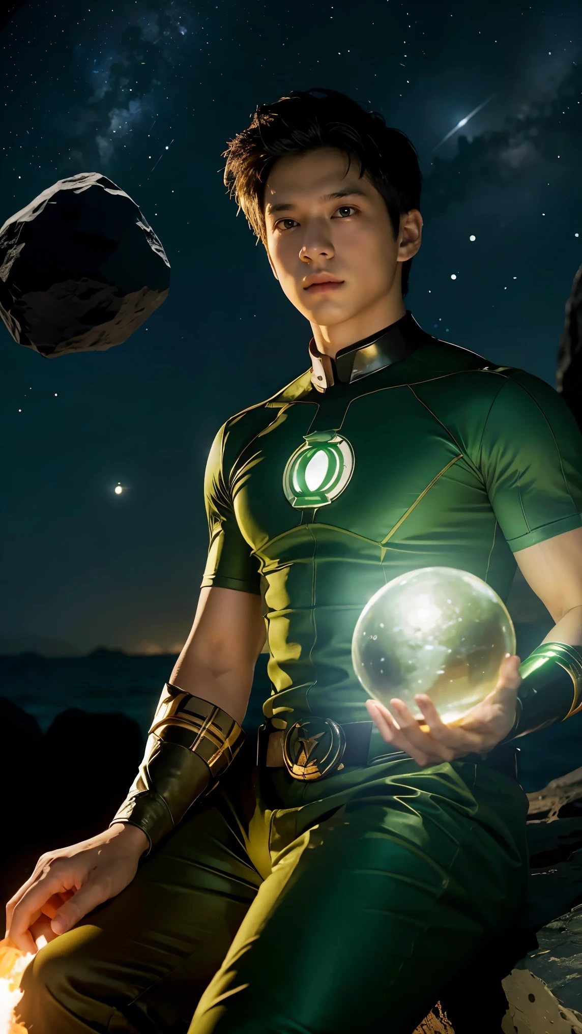 Green Lantern sitting on a research platform floating in the middle of the asteroid belt. He studies with a notebook, surrounded by several asteroids glowing with a fiery aura. Dramatic lighting from distant stars and planets illuminates the scene, casting deep shadows on the costume. The young man looks confident and determined, looking at the vast and mysterious universe with wonder and respect, facial hair, cowboy shot,