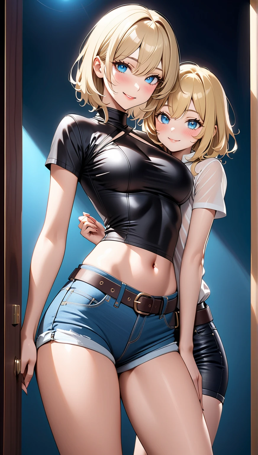 best qualityer, high resolution, e18, 1 girl, android 18, standing alone, hair blonde, blue colored eyes, shorth hair, aretes, jewerly, Jeans dress, open vest, black pantyhose, mine bra sexy cleavage , latex miniskirt half up , striped long sleeves, latex micro panties marking her tight pussy horny hoe, medium breasts, cowboy shot, Street, (Externally expanded chest:1.2), (strapless:1.2), Off The Shoulder, She has her back to the viewer leaning forward