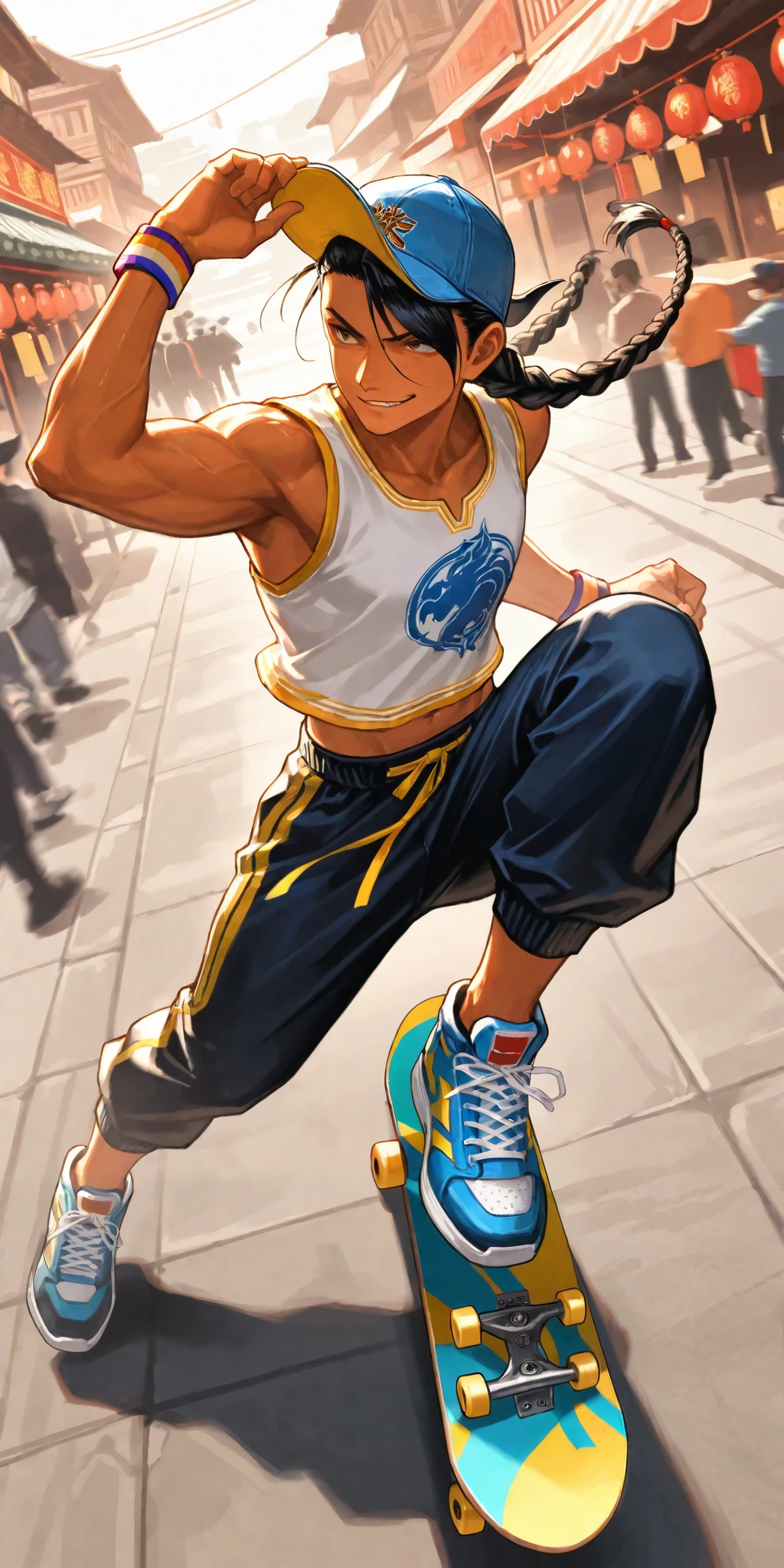 1boy\(Yun\(Street Fighter 4\), young, jumping high on skateboard, hand at cap brim, eyes hidden by on deep pulled down cap,blue cap with (yellow brim), long braid hair, loose black Wudang Tai Chi pants,white sleeveless long Wudang Tai Chi Shirt , sneakers,big smirk,slim,\), street of old China countryside market, shot from above, dynamic Pose, dynamic movement, dynamic angle, action scene, motion blur, vibrant Hong Kong people, rearistic,masterpiece, best quality