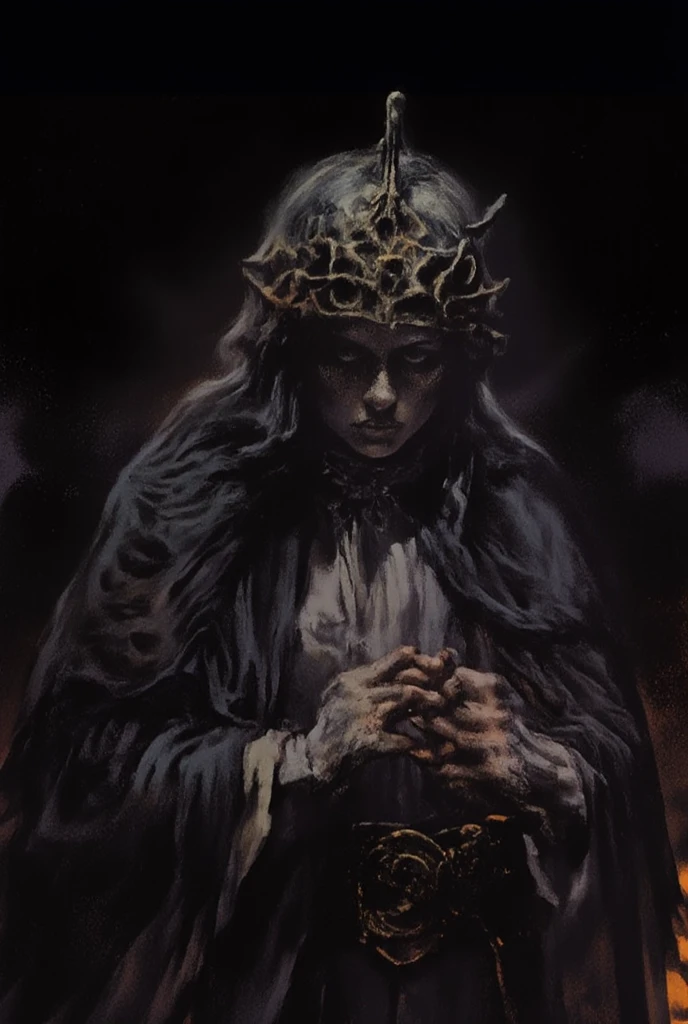 A woman being crucified, suffering agony, emotional expression, dramatic lighting, somber tones, Renaissance oil painting style, chiaroscuro, highly detailed, masterpiece, photorealistic, 8k, hyperrealistic, dramatic pose, anguished face, flowing hair, blood, nails, crown of thorns, cross, desolate landscape, dark clouds, cinematic composition