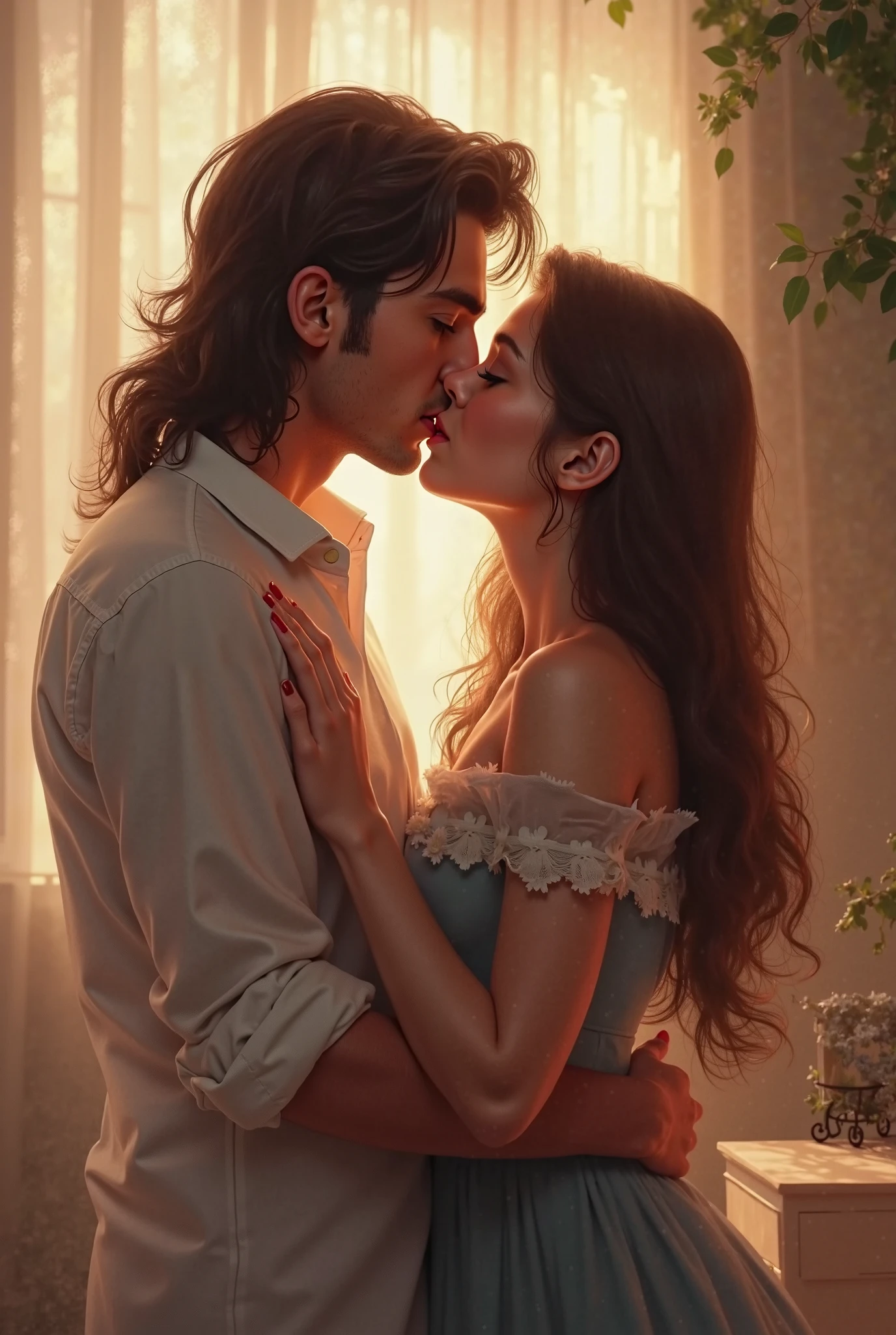 Create a man that has curly, iridescent midnight hair and sharp cheekbones. He has long, black eyelashes and soft lips. His eyes are black with a golden ring around the pupils. He wears kohl under his eyes. He has very pale skin. Make him sit down on a chair, in front of a desk. Add a oman standing above him with a knife to his throat. While she holds the a knife to so close to his throat they are kissing. The woman has a slim figure and soft features, such as her heart-shaped face. Make her pale and her eyes the exact color of walnuts. Her hair needs to be brown, the color of a willow tree. The hairstyle she is with are braided horns. She has have fuller breasts and larger hips. The most important thing is that she holds a knife to his throat. the point is that she's supposed to threaten him but instead she kisses him.