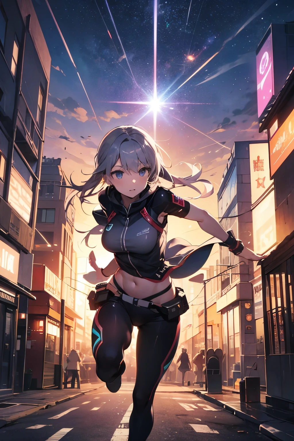 Best quality, (masterpiece:1.2), 1girl, night city wear, massive breast, perfect body, standing, smile, grinning expression, landscape is cyber punk city , at night , acid house music