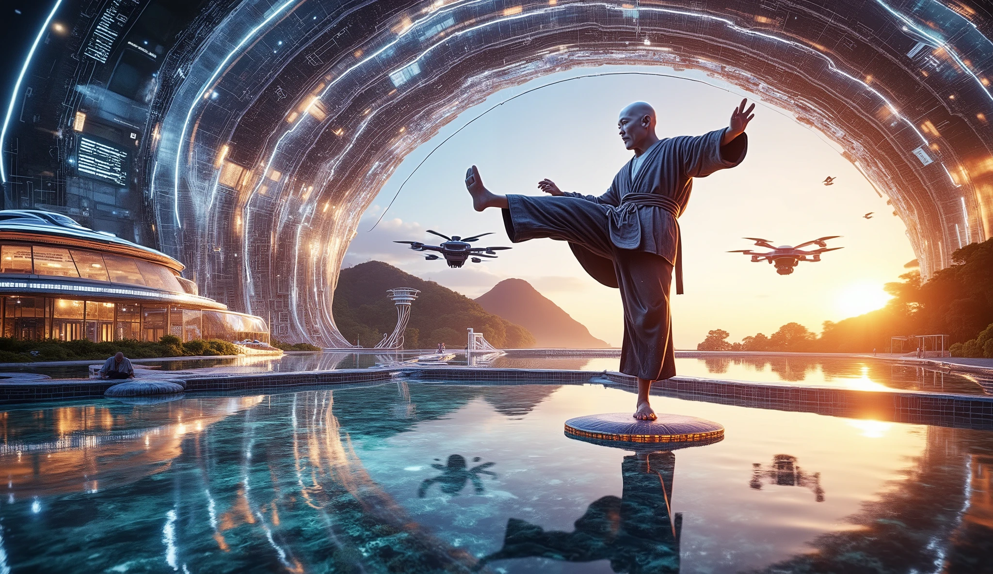 Image of an artificial beach inside a futuristic dome, An elderly bald Chinese man with a white knob, short in stature, wearing a futuristic karate combat kimono practices the crane kick while standing on a technological pole, balancing on one leg and his arms in the shape of bird wings. Drones in the shape of birds. Very futuristic and real image, At night sunset. It's just .