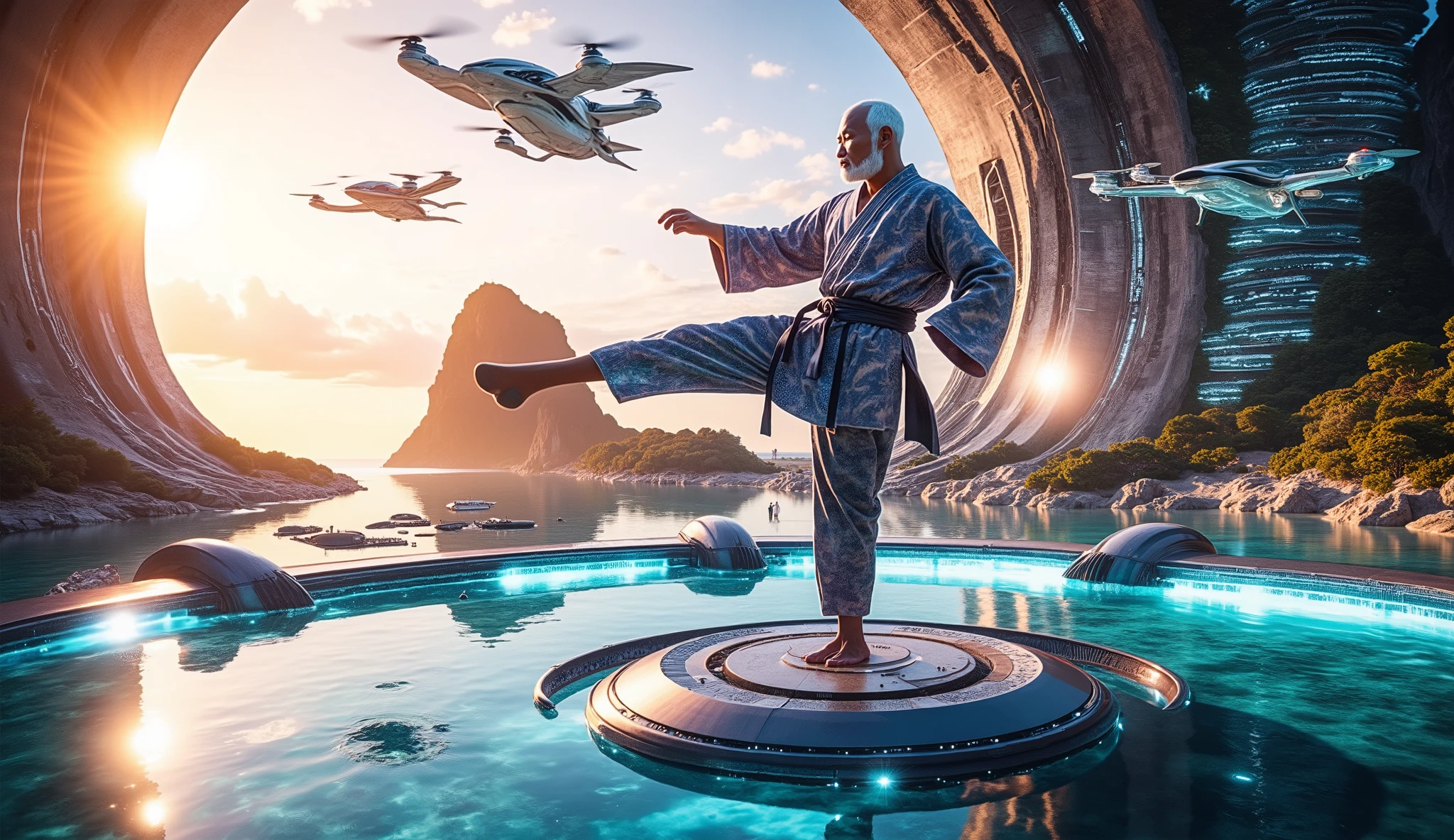 Image of an artificial beach inside a futuristic dome, An elderly bald Chinese man with a white knob, short in stature, wearing a futuristic karate combat kimono practices the crane kick while standing on a technological pole, balancing on one leg and his arms in the shape of bird wings. Drones in the shape of birds. Very futuristic and real image, At night sunset. It's just .
