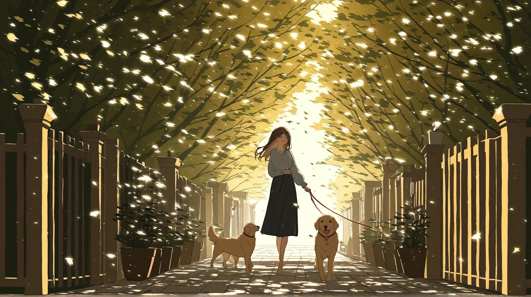 A peaceful, sunlit neighborhood with a soft afternoon glow. A young woman is walking along a quiet pathway, gently holding the leash of her happy, tail-wagging golden retriever. The warm breeze rustles the leaves of the tall trees lining the sidewalk, casting dappled shadows on the pavement. Birds chirp in the distance, and a few fallen leaves dance in the wind. The houses along the street have cozy porches adorned with potted plants and wind chimes swaying gently. The atmosphere is calm and serene, filled with the simple joy of taking a relaxing walk with a beloved pet. The dog occasionally stops to sniff the flowers growing by a white picket fence, while the woman smiles, enjoying the fresh air and the comforting rhythm of their stroll.