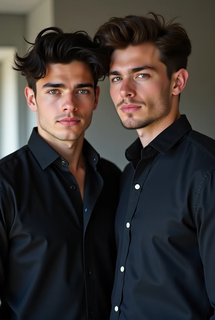Two men are doing intimate actions. The transparent shirt is wet. The open eyes are peeking. The shirt is about to be removed.