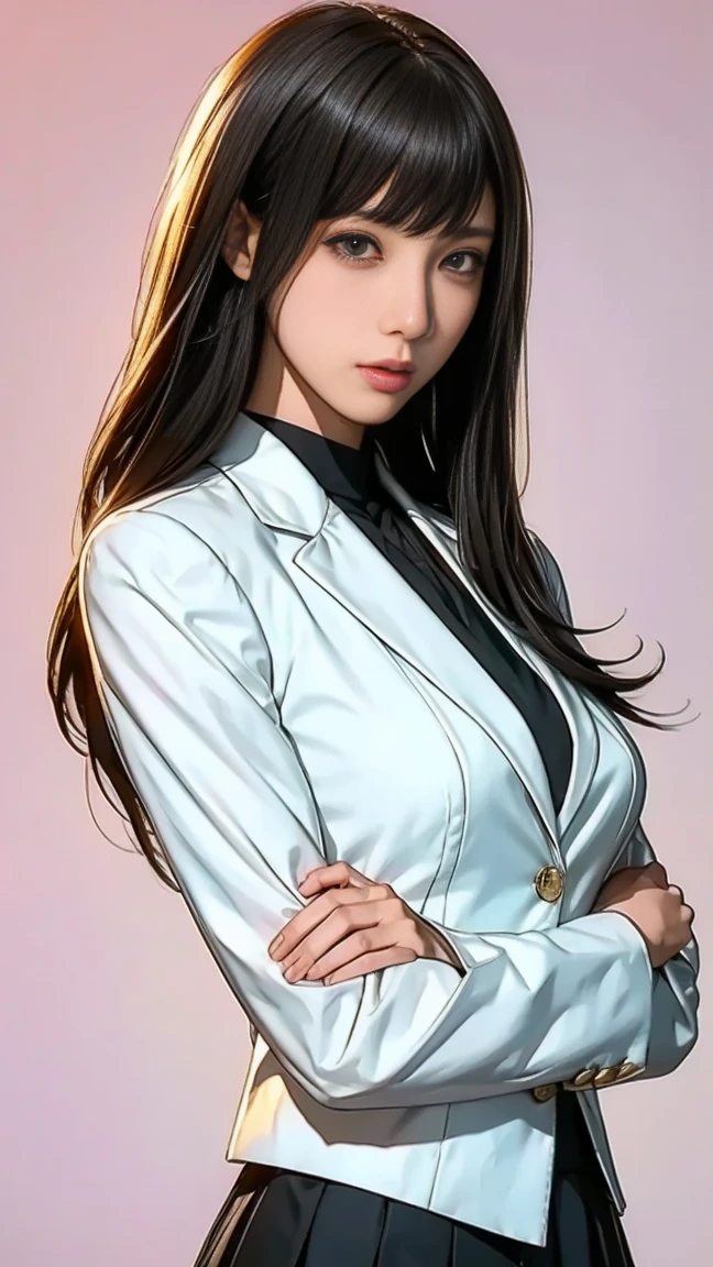 (realistic pictures),(Highest quality)、((８ｋ images)),Alone、beautiful Japanese woman、, (Good looking),very cute,  Symmetrical eyes,Accurate depiction of eyes ,(( Gentle and Gentle Smiles )), black hair,long straight hair,(big breasts:1.3),( Chest Valley:1.2),(thin body, Read more),((Persona 5 blazer uniform)), (running fingers through  hair), (Hold Your Breasts with Your Arms),spot light,dark room , refined expression,Professional lighting techniques ,simple background, 