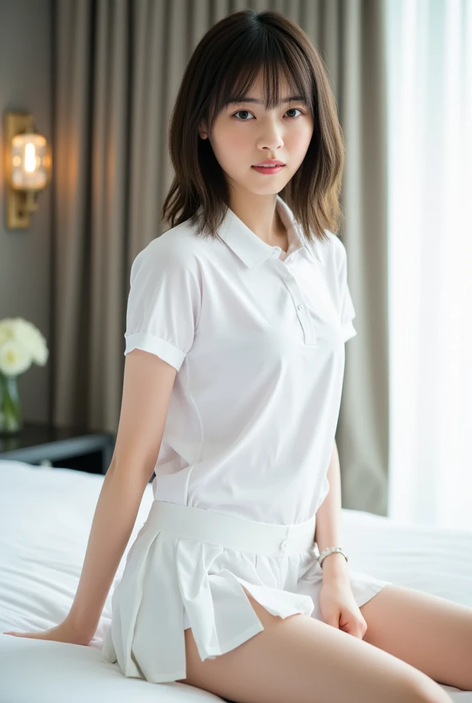 doggystyle, (Masterpiece, Best quality: 1.3), (Ultra realistic, Photo-realistic: 1.2), From above, Natural light, 28 years old actress, Japanese women, Neat and clean, (White tennis uniform, White short-sleeve polo shirt:1.2), (unbutton:1.3), (White tennis skirt:1.2), white sock, (Ponytail: 1.2), (Beautiful face), Oval face, clear, Beautiful eyes, Kind eyes, Clear skin, Small face, Beautiful mouth, Small mouth, Natural makeup, Approachable, (nsfw:1.2), Seductive smile, (Seductive pose: 1.3), (Beautiful thighs: 1.2), (Bedroom eyes: 1.2), Embarrassed, Blush, Luxury hotel Suite room, On bed, Hidden camera installed in suite room captures obscene reality of girls high school, (lesbian couple , petting together:1.1), grabbing crotch, erotic hag,