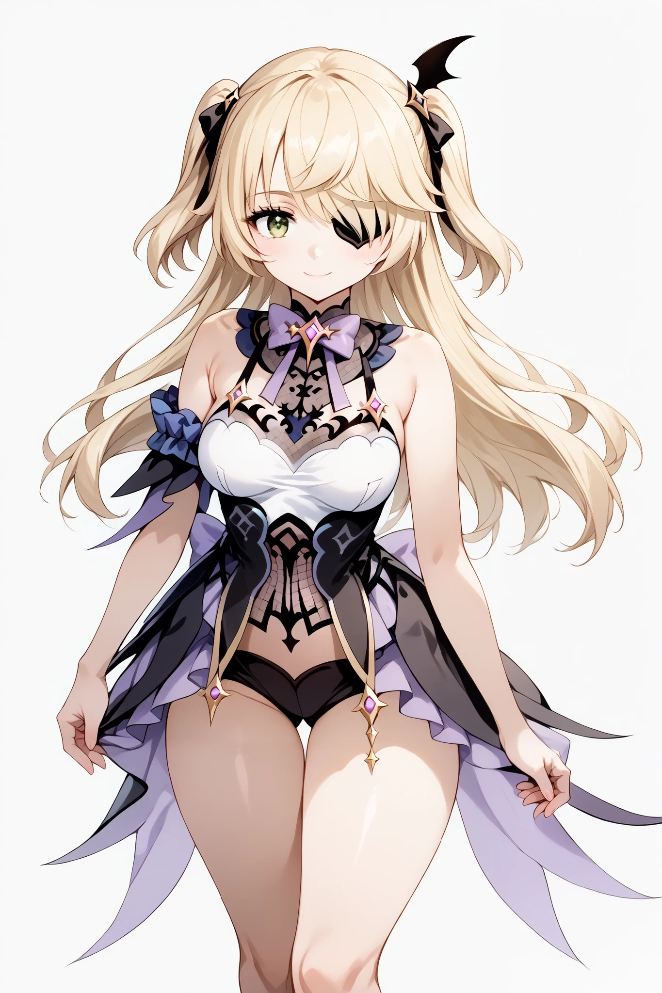 1girl, anime, cute girl, blank background, white background, fantasy, detailed fantasy dress with highlights, beautiful face, beautiful eyes, dark colors, pink hair with some streaks of blue strands, different color pupil in eye, medium small breasts (slightly big), slight cleavage, beautiful skin, cute, breast curtains, extremely delicate and beautiful, (beautiful detailed face:1.0), (detailed deep eyes), symmetrical breasts, deep eyes, shiny skin, portrait, slender waist, hips wider than shoulders, thighs, expressionless, young girl, luminous eyes, adorable,(Kpop idol),(aegyo sal:1),(Platinum blonde hair:1),((puffy eye)),Black panty,sexy posture,Superskirt, ultra high resolution,Black collar,slim figure, Abdominal y tattoo, womb tattoo,Tight-fitting leg ring,y tattoo on half-body,Bare skin, Armored hand,Hidden fingertips,Hand covered,Arm covered,Fist covered,{{beautiful detailed fingers}}, tufts of hair, moderate beautiful breast:1.0,