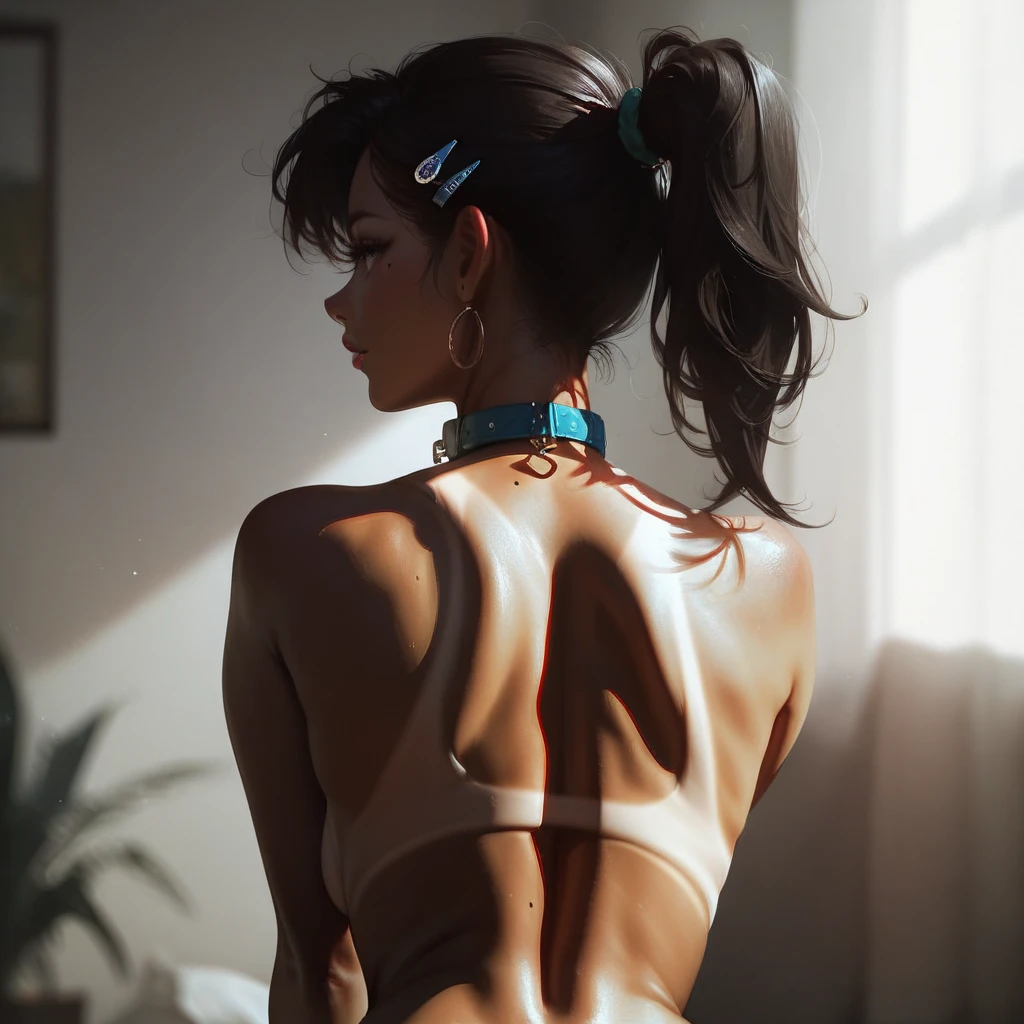Elie from The Last of Us, NSFW, Random pose, sensual, in a pink bikini with tattoos on the back, pale white bikini, light pink bikini, backview, back, bare back, back - shot, back, lower back, side, back - view, seen from back, cracked body full of scars, uhd candid photo of dirty, back pose, Unreal Engine 5, 4K