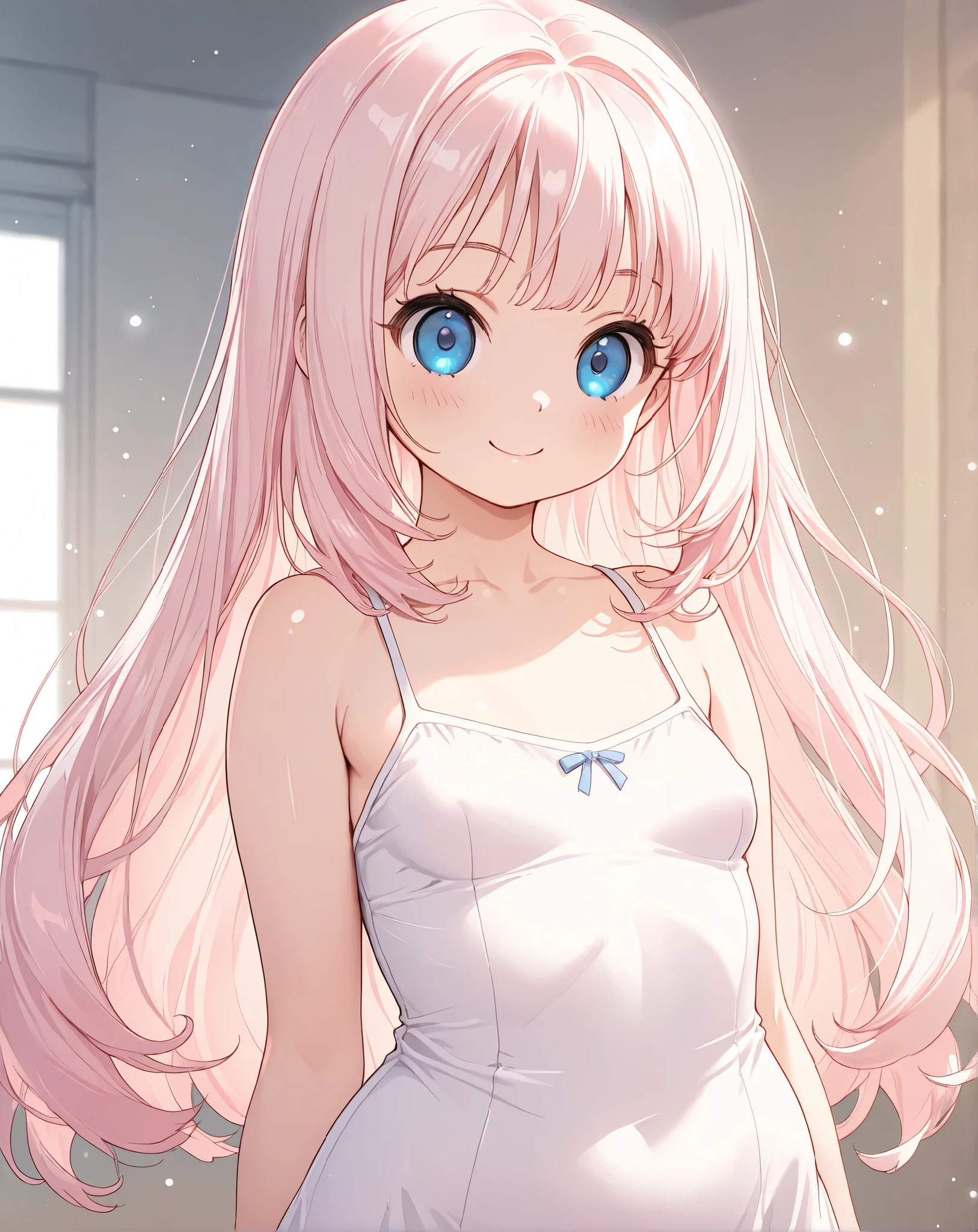 1girl, small breasts, curvy, shiny hair, light particles, light pink hair, 1 girl, solo, fine hair ,transparent hair, Very beautiful blue eyes, eyes like the universe ,cute girl, medium long hair, princess cut, very beautiful, high quality, smiling, , elementary school student, round eyes