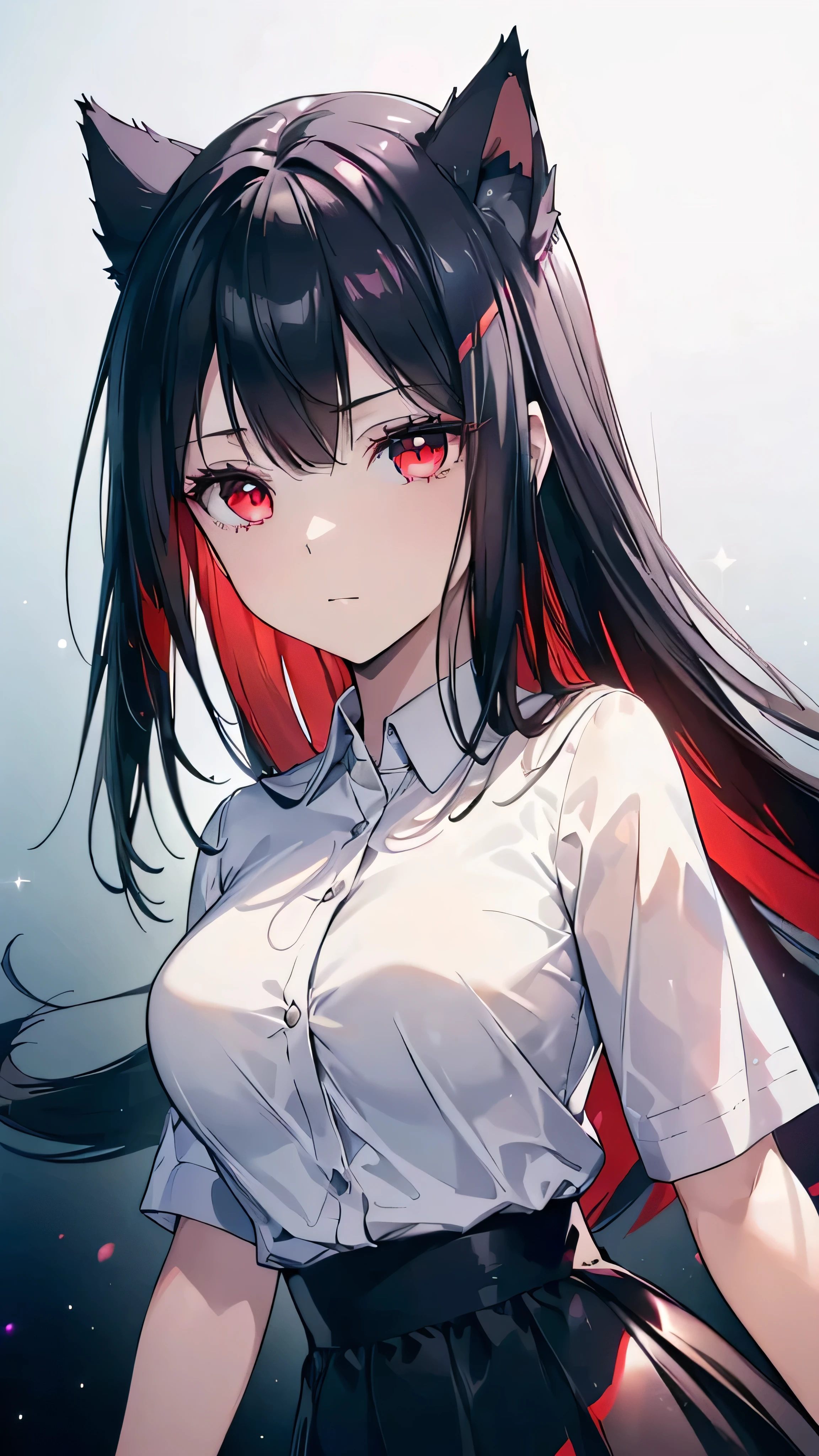 (Cat girl), (smoking), cat ears, black hair, business casual attire, cool, red dress shirt, pretty red eyes, cat tail, ((Crimson Red Eyes eyes: 1.3, Upturned Eyes: 1, Perfect Eyes, Beautiful Detailed Eyes, Gradient eyes: 1, Finely Detailed Beautiful Eyes: 1, Symmetrical Eyes: 1, Big Highlight On Eyes: 1.2)), (((Lustrous Skin: 1.5, Bright Skin: 1.5, Skin Fair, Shiny Skin, Very Shiny Skin, Shiny Body, Plastic Glitter Skin, Exaggerated Shiny Skin, Illuminated Skin))), (Detailed Body, (Detailed Face)), (((Skirt))), High Resolution, Sharp Focus, Ultra Detailed, Extremely Detailed, Extremely High Quality Artwork, (Realistic, Photorealistic: 1.37), 8k_Wallpaper, (Extremely Detailed CG 8k), (Very Fine 8K CG), ((Hyper Super Ultra Detailed Perfect Piece)), (((Flawless masterpiece))), Illustration, Vibrant Colors, (Intricate), High Contrast, Selective Lighting, Double Exposure, HDR (High Dynamic Range), Post-processing, Background Blur