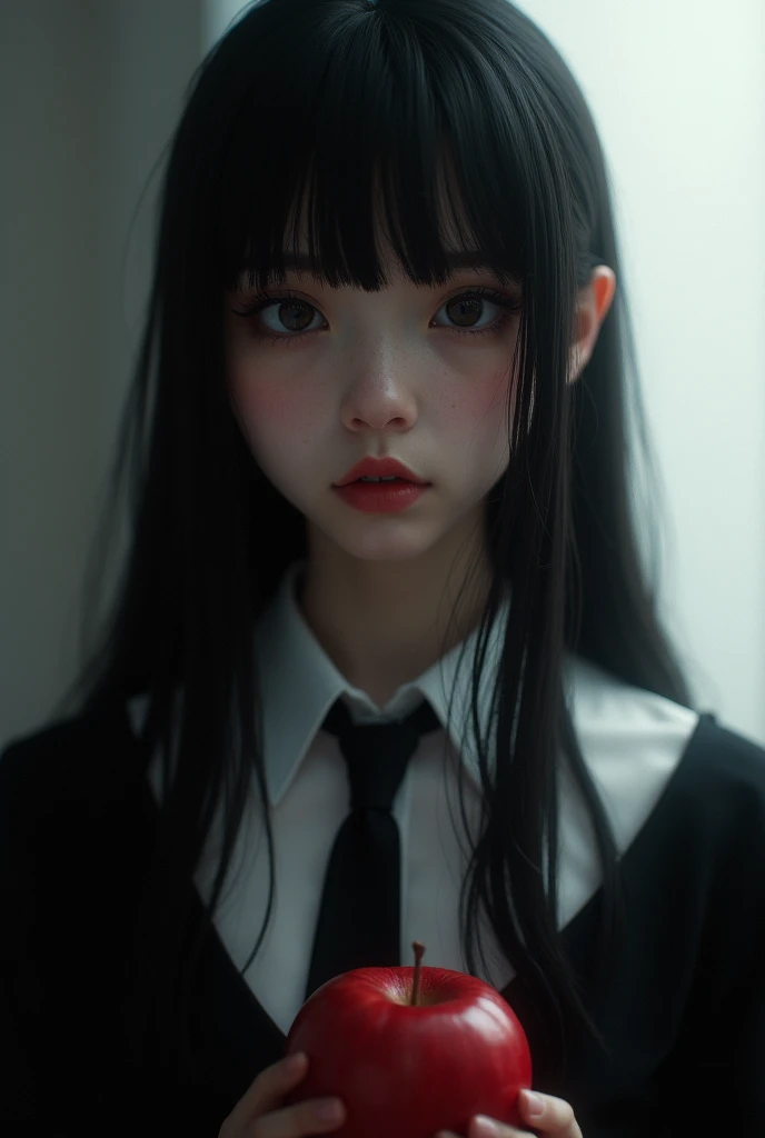 Black woman with long black straight hair, brown slanted eyes and wearing a Japanese schoolgirl uniform
