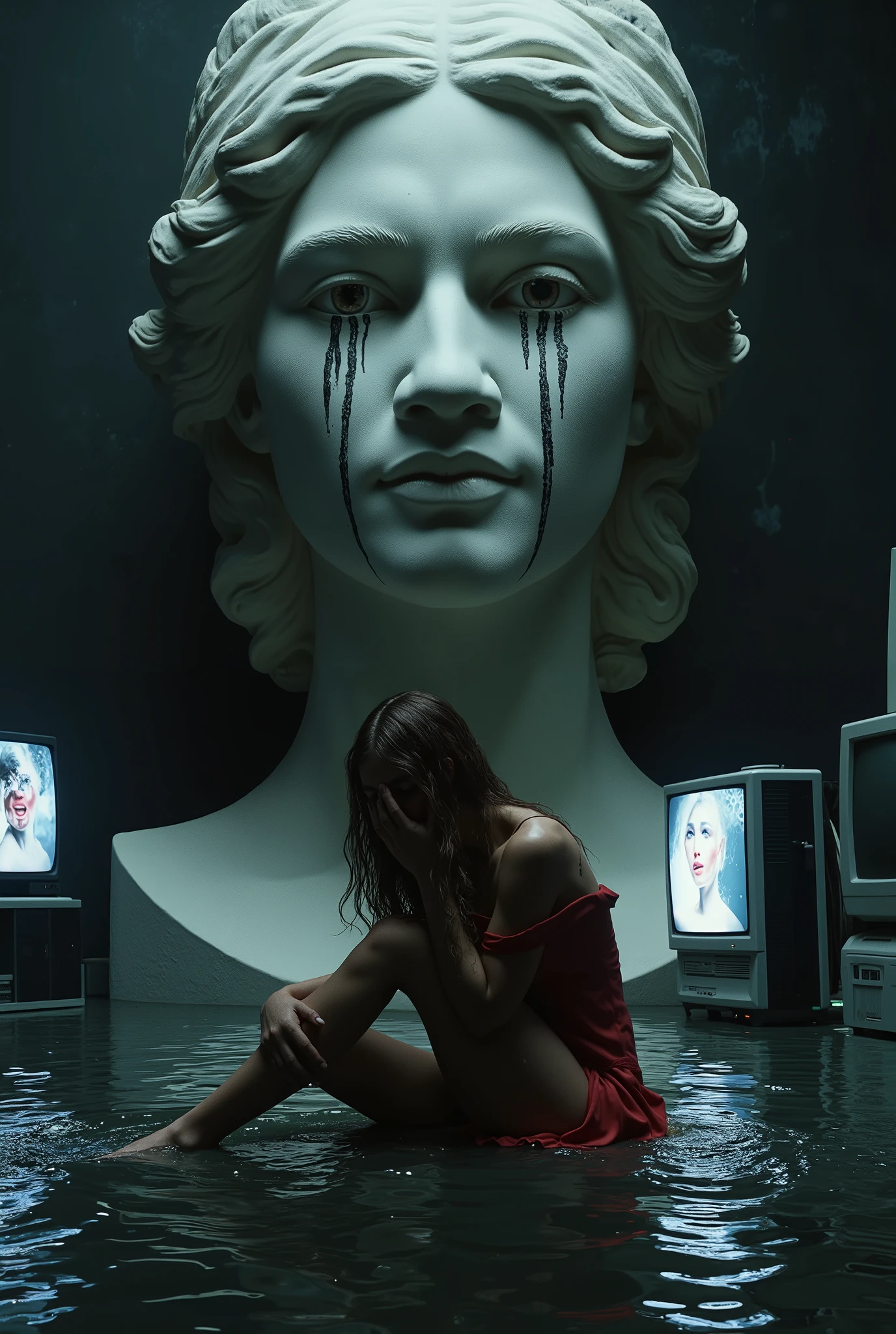 A **brunette woman in full SAD CLOWN makeup sits curled up on the flooded black marble floor, sobbing uncontrollably beneath a massive stone statue of a woman's head**, its **cold, sculpted face expressionless as twin fountains of water pour endlessly from its hollow, weeping eyes**.
The **woman trembles beneath the statue, her knees pulled to her chest, her long, damp brunette hair sticking to her face, mascara and black clown paint streaking down her sculpted cheekbones**, mixing with the **pools of water gathering around her**.
Her **overdrawn red lips quiver, the smeared lipstick forming a distorted, forced smile that doesn’t match the agony in her glossy, swollen hazel eyes**, which stare forward in a **detached, defeated haze**.
The **statue towers above her, its regal, goddess-like features eerily lifelike**, yet its **stone eyes remain vacant, soulless, as endless streams of water pour from them like eternal tears**, creating an almost **holy yet haunting presence in the vast, dimly lit black marble penthouse**.
The **water pools across the smooth, reflective floor, warping and distorting both the woman’s sobbing figure and the towering statue above her**, making it appear as though **her sorrow is being absorbed, magnified, trapped in an endless loop of grief and reflection**.
The **room is lined with massive CRT televisions, each flickering with glitching, VHS-distorted footage of the woman herself, watching as she sobs and reapplies her smudged makeup, forever stuck in an infinite breakdown**.
The **sound of cascading water from the statue mixes with the low hum of VHS static, a hypnotic blend of artificial and organic sorrow, creating an overwhelming, dreamlike presence in the space**.
Her **hands press against her face as if trying to hold herself together, but her shoulders shake with the weight of the moment**, the **cold water pooling around her fingertips as she remains trapped beneath the stone effigy, mirroring her own suffering**.
The **s