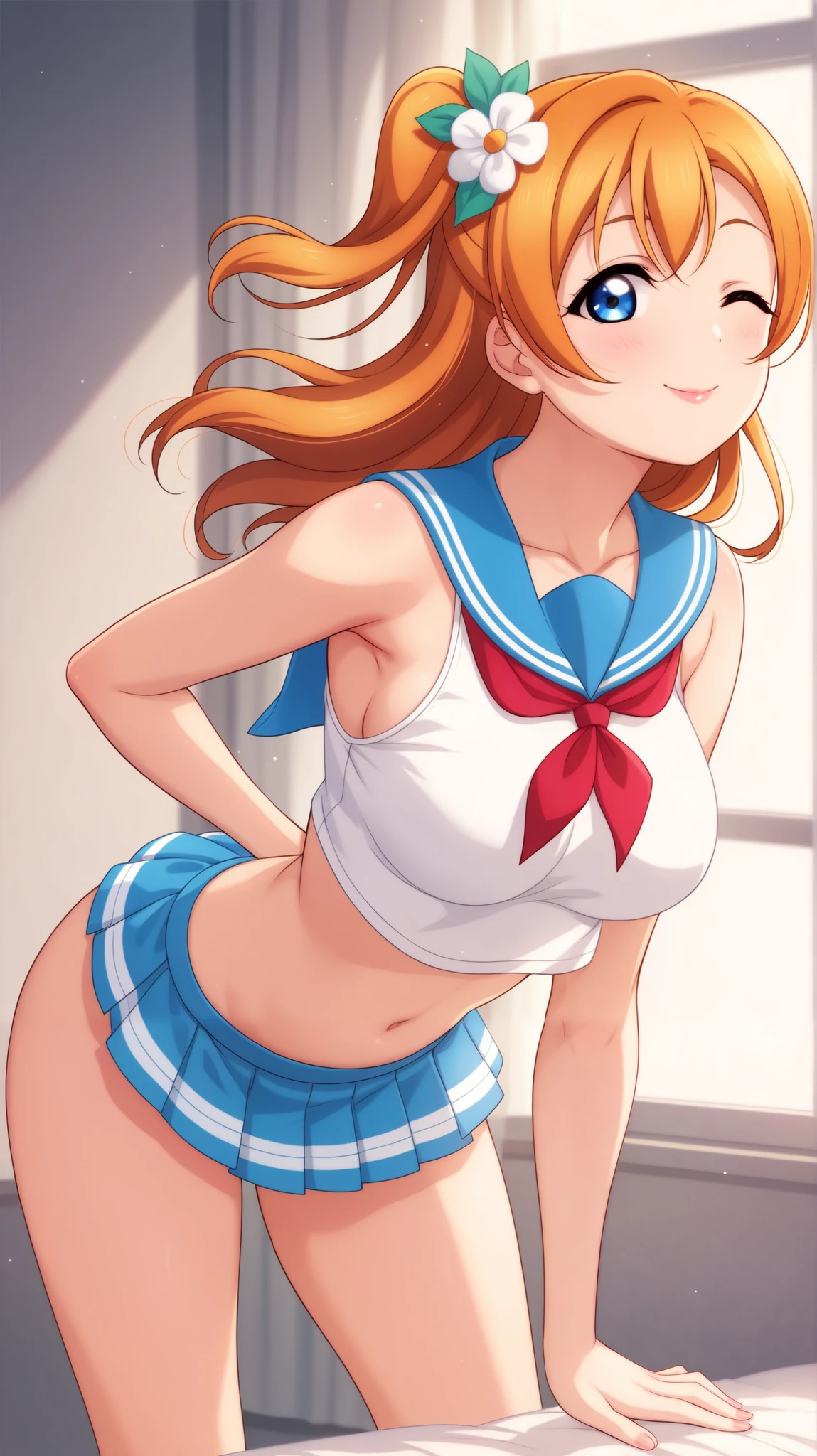 Honoka kousaka love live, cowboy shot, looking back, white undies, blue eyes, orange hair, blushing, view at viewer, very small micro skirt, tinnies crop top,cap, sweating, cleavage , tinnies stadium , adjusting her top, school sports room, breasts press, from below