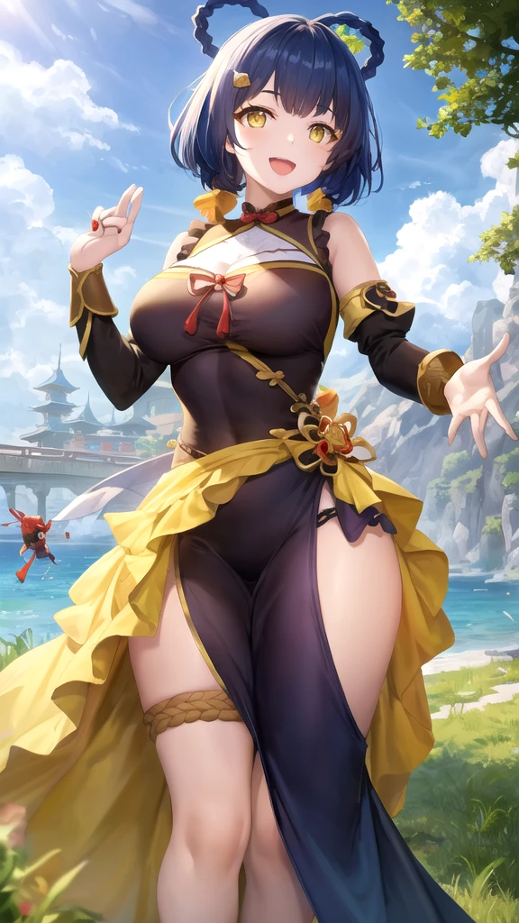 Ahri da league of legends,(best qualityer,4K,8k,high resolution, work of art:1.2)(weather: moonlight), Japanese female, spirit forest pond background, red and gold korean kimono dress, cleavage, spirit sphere, cute makeup, thigh high boots, belt, long silver hair, braided hair, fox ears, multiple fox tails, ultra detailed, realistic, portrait, beautiful detailed green eyes, freckles, beautiful detailed lips, extremely detailed eye and face, beautiful girl, long eyelashes, sexly, average, large breasts, beaming smile, sexy pose, stunning curves, bright coloured, dramatic lighting,