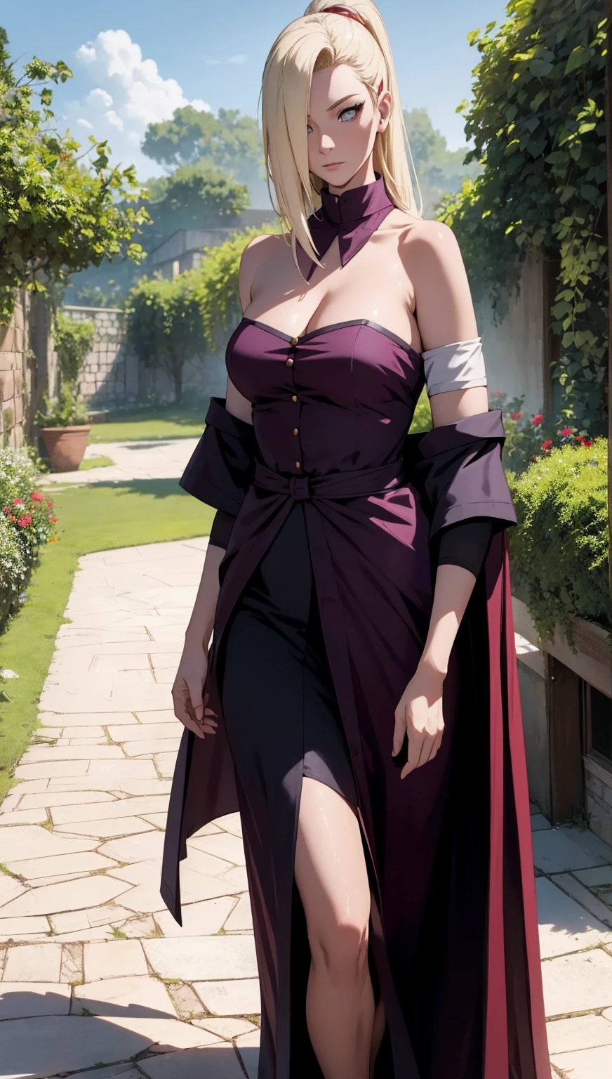 medieval setting, full view of body, 1 skinny female with large breast, beatiful smokey green eyes, black hair pinned up, shoulder free beautiful swing dress, red scarf around her neck, eerie sunset