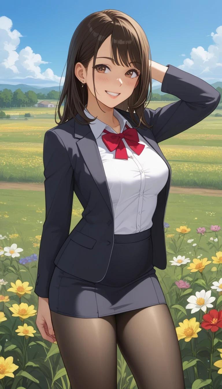 score_9, score_8_up, score_7_up, source_ anime、Highest quality、8k、 masterpiece、Ultra High Definition、natural light、perfect anatomy、 one woman、 small tits、saggy breasts、(Okuzumi Yuiko)、 dark hair、 cute face、Happy face、 OFFICE LADY、 office suit、 black recruitment suit、 white shirt、((Hang a short scarf ))、pantyhose with a clear view of the 8K panorama、(((Plateau scenery、Wide flower field)))、 stand and pose
