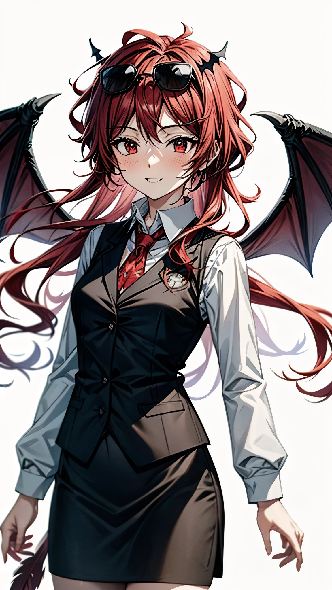 (Ultra High Quality,Ultra High Definition,16k,super masterpiece,Ultra HD , detailed shading and background,)one girl, long red hair with ocean print,bat feathers on the head, devil's wings on the back, white long sleeve shirt,Black vest,black skirt,smile,blush,The library where the sun shines,