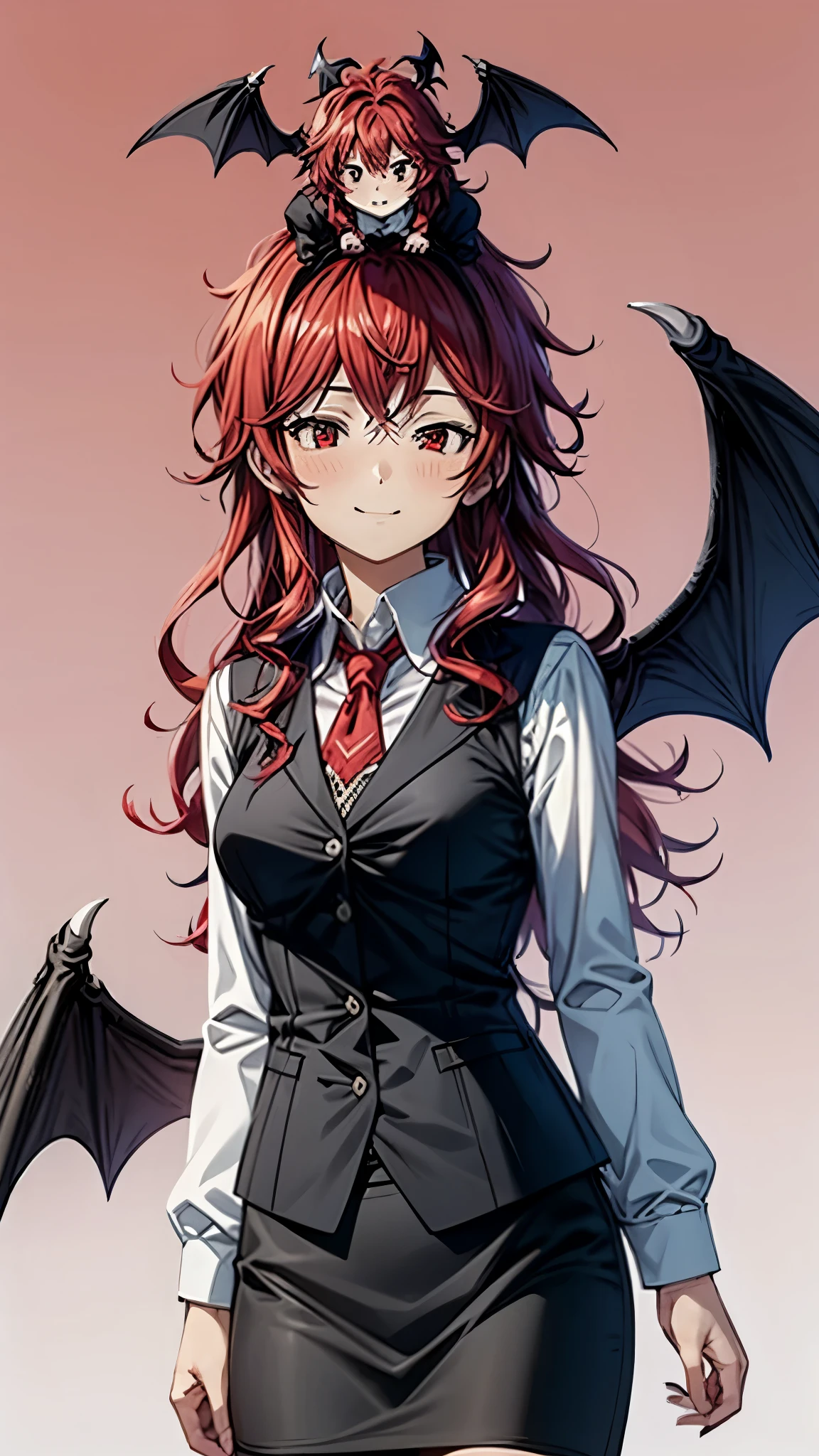 (Ultra High Quality,Ultra High Definition,16k,super masterpiece,Ultra HD , detailed shading and background,)one girl, long red hair with ocean print,bat feathers on the head, devil's wings on the back, white long sleeve shirt,Black vest,black skirt,smile,blush,The library where the sun shines,