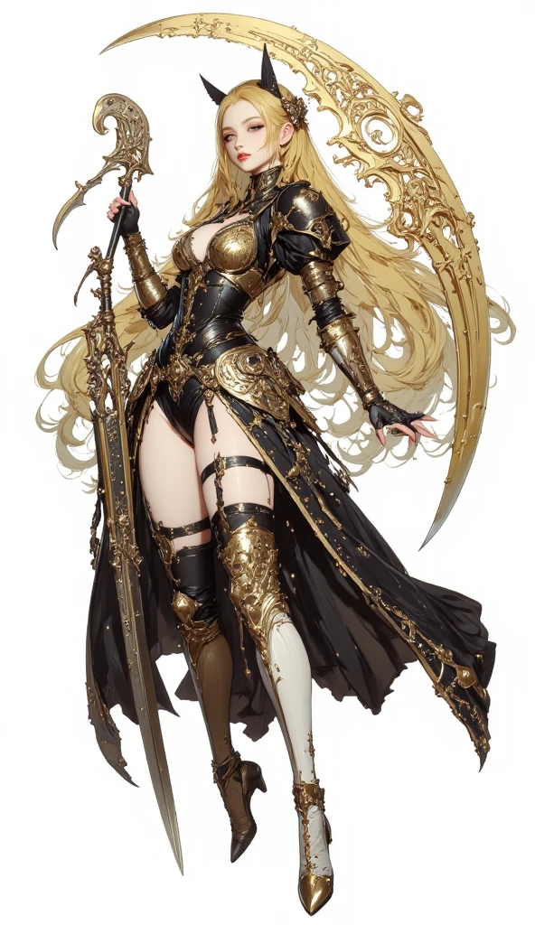 Blonde Queen Gold Headdress Lion Totem Armor Cleavage High-heeled Shoes Cross Standing Castle with Sword in Both Hands