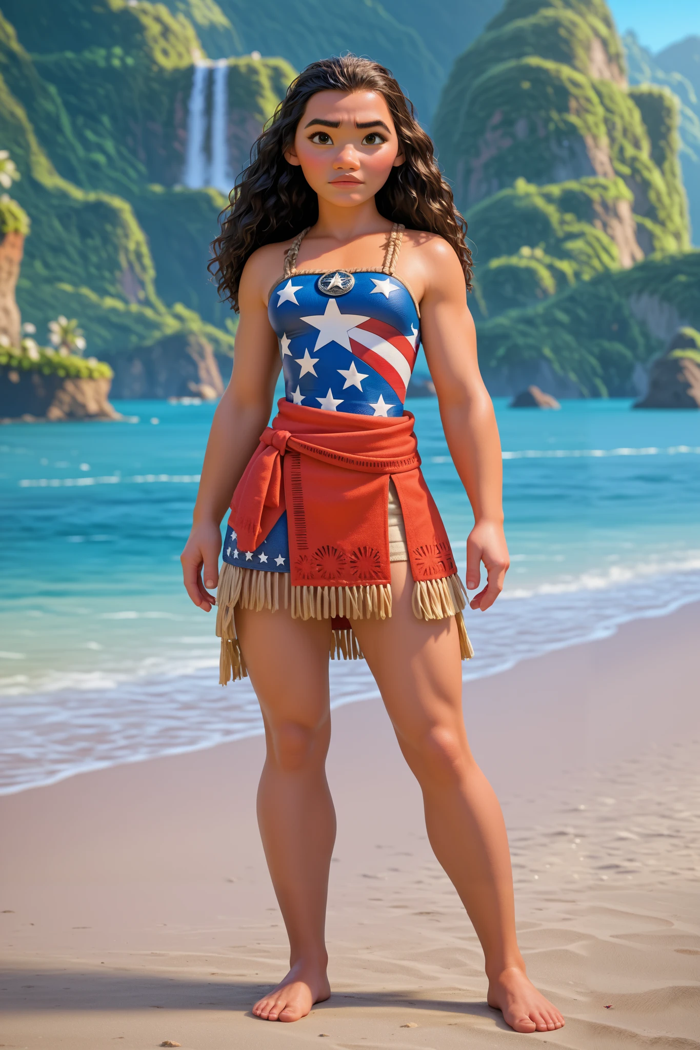 High Resolution, Masterpiece, Award Winning, HD, UHD, Moana as Captain America, dynamic background, whole body, alluring, pretty, attractive