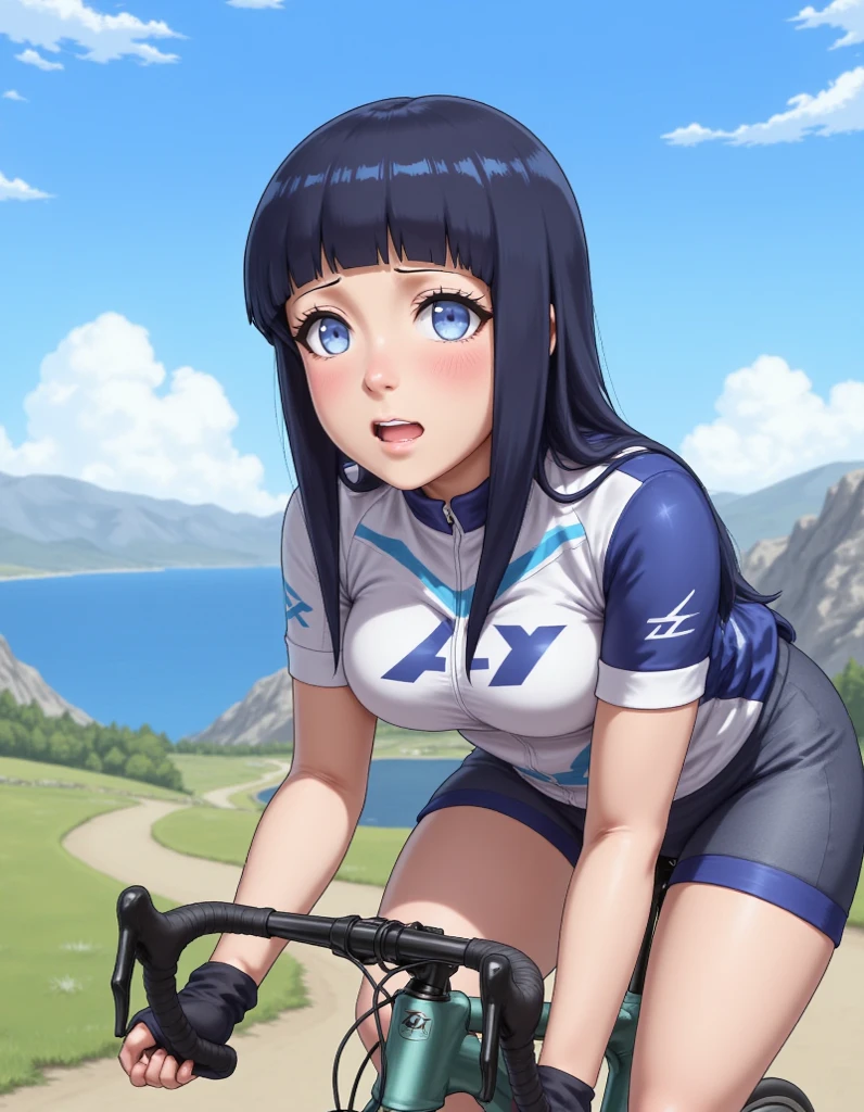 kirisaki kyouko, , bob cut, short hair, black hair, purple eyes, , empty eyes , large breasts, solo, nipple, ride a bicycle, Heavy snowfall area　Freezing wet crying mountain