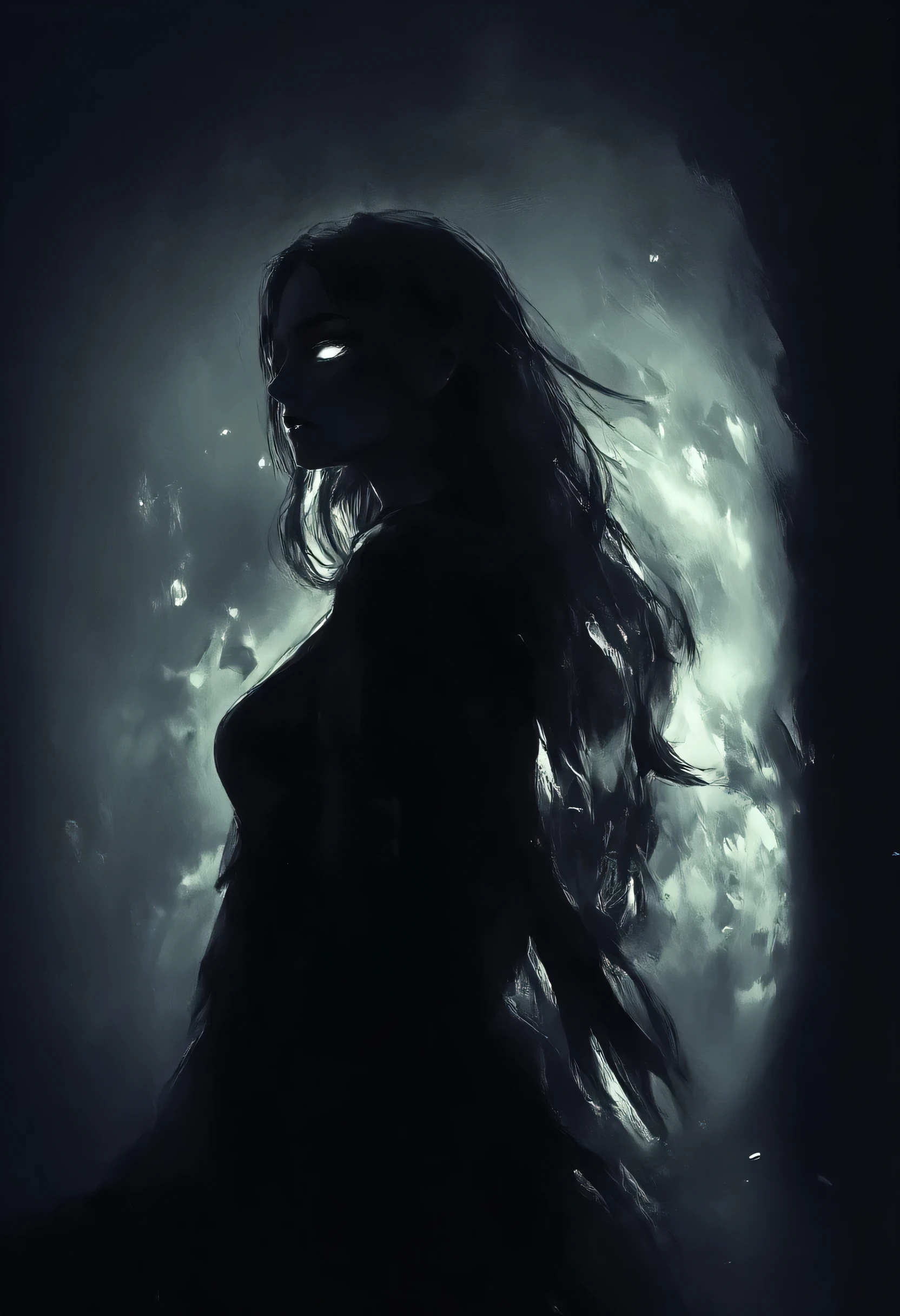 fantasy art, shadow art, goth art, there is a dark shadow of a woman on the wall, the shadow has silvery eyes, glowing eyes, invert color