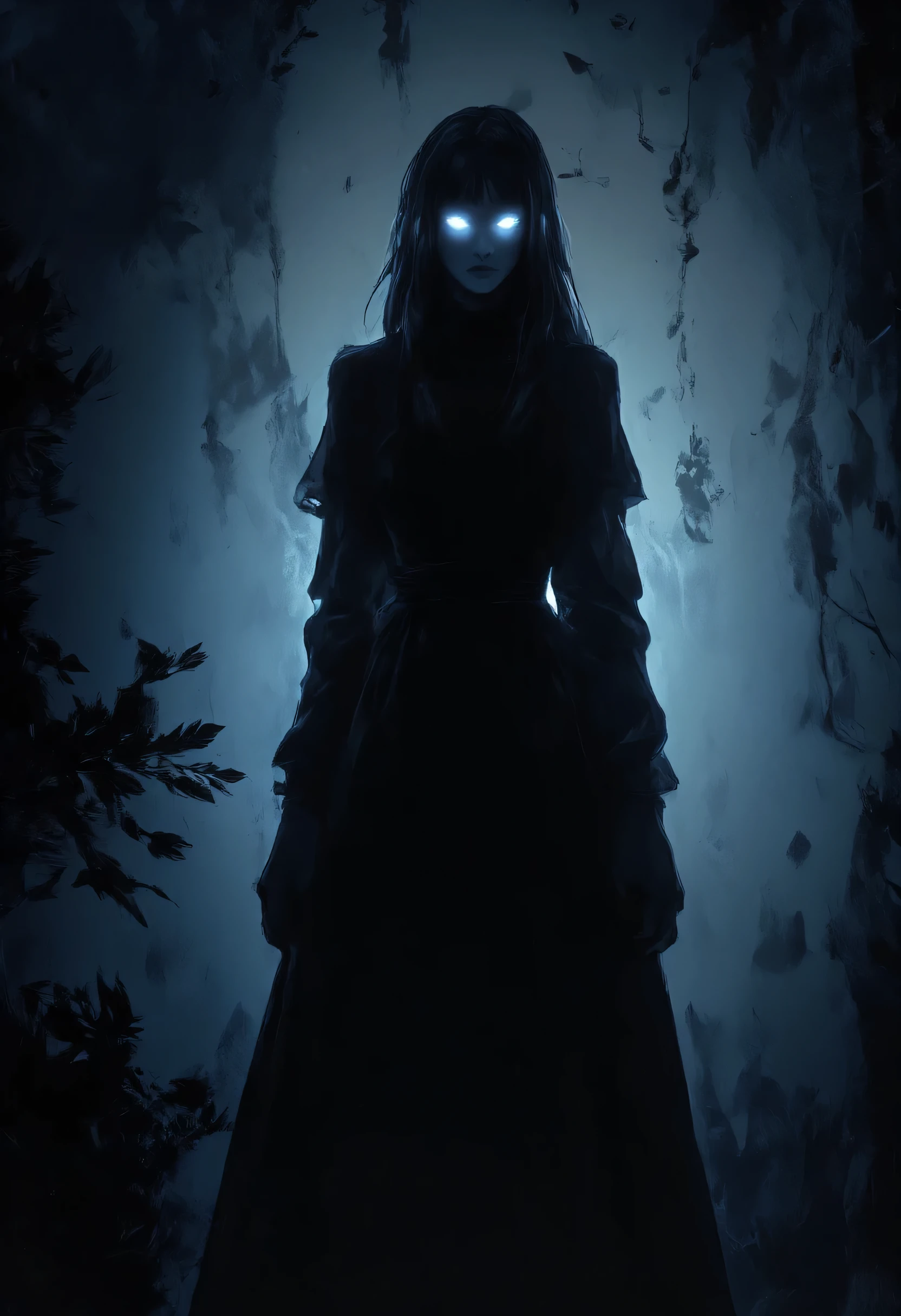 fantasy art, shadow art, goth art, there is a dark shadow of a woman on the wall, the shadow has silvery eyes, glowing eyes, invert color