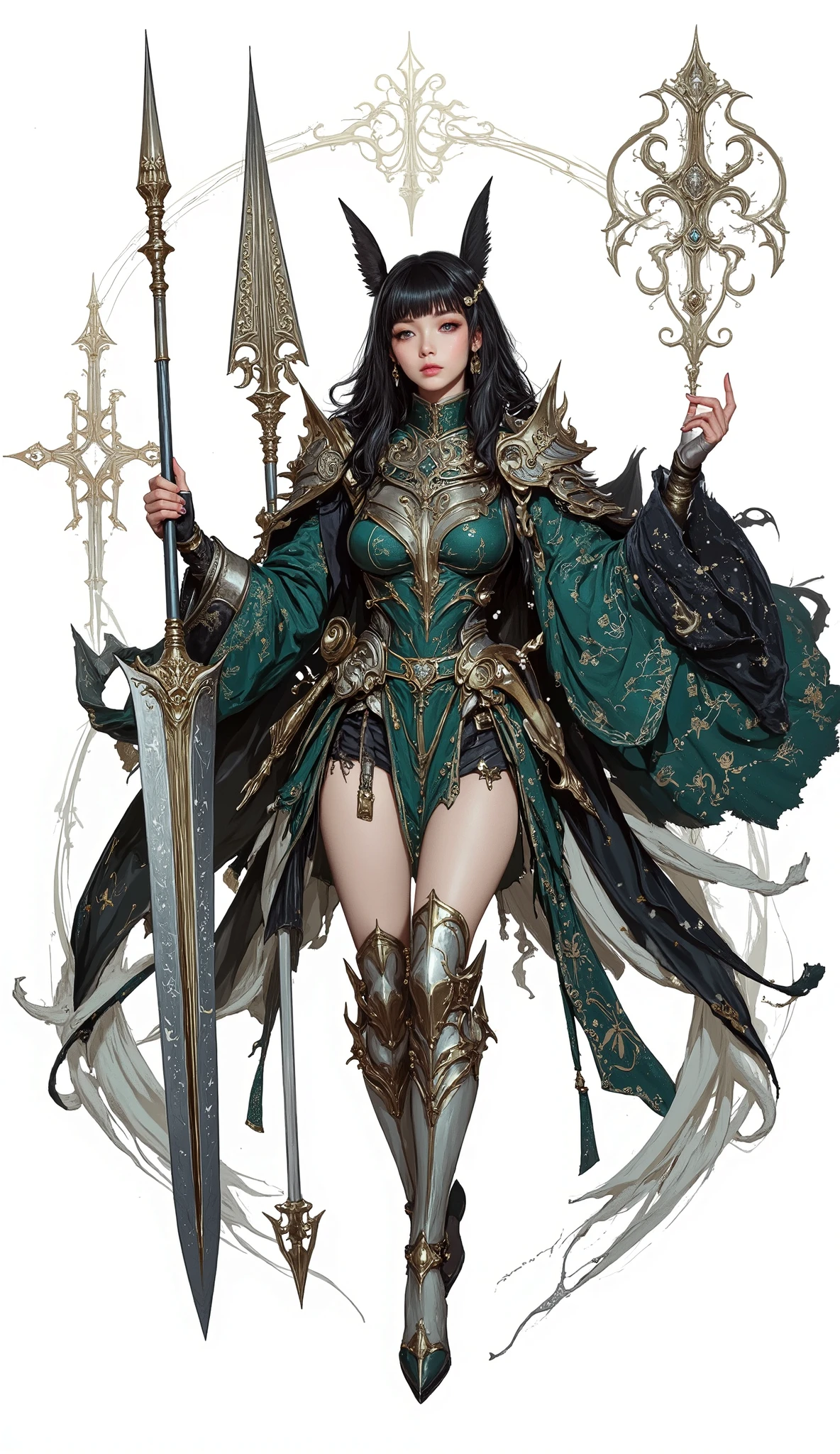 (Masterpiece:1.5,Top Quality:1.3,Amazing Quality:1.3), (Pulsating stance), (Anime Character), ((nsfw)), Solo, Full Length, Chiara, 1 Girl, ((Sexy cute girl:1.5)), White Skin, Silver Gauntlets, Silver Boots, Western sexy Armor, Shining Clothes, gleaming decorations, ((with gigantic spear weapon:1.6)), ((sword dance:1.5)), (sexy&fighting pose:1.2), (Wielding a spear weapon:1.5),pulsatile, The best of the Middle Ages, Female warrior, ready to fight, glamorous, black hair, gothic dress, muscular body, sophisticated and glittering medieval armor, beautiful, very precise and delicate animation, vivid colors, unreal world, fantasy delusion, ((full body view)), (((not background, White background))),