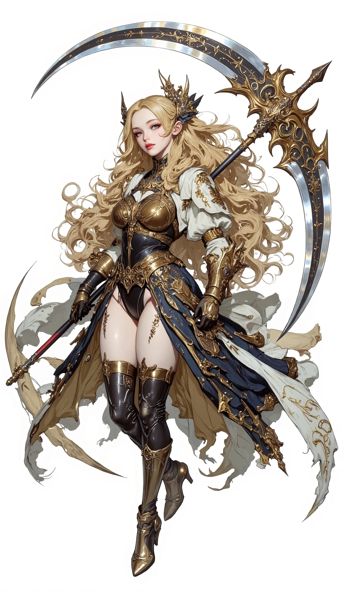 (Masterpiece:1.5,Top Quality:1.3,Amazing Quality:1.3), (Pulsating stance), (Anime Character), ((nsfw)), Solo, Full Length, Chiara, 1 Girl, ((Sexy cute girl:1.5)), White Skin, Silver Gauntlets, Silver Boots, Western sexy Armor, Shining Clothes, gleaming decorations, ((with gigantic scythe weapon:1.6)), ((sword dance:1.5)), (sexy&fighting pose:1.2), (Wielding a scythe weapon:1.5),pulsatile, The best of the Middle Ages, Female warrior, ready to fight, glamorous, yellow hair, gothic dress, muscular body, sophisticated and glittering medieval armor, beautiful, very precise and delicate animation, vivid colors, unreal world, fantasy delusion, ((full body view)), (((not background, White background))),