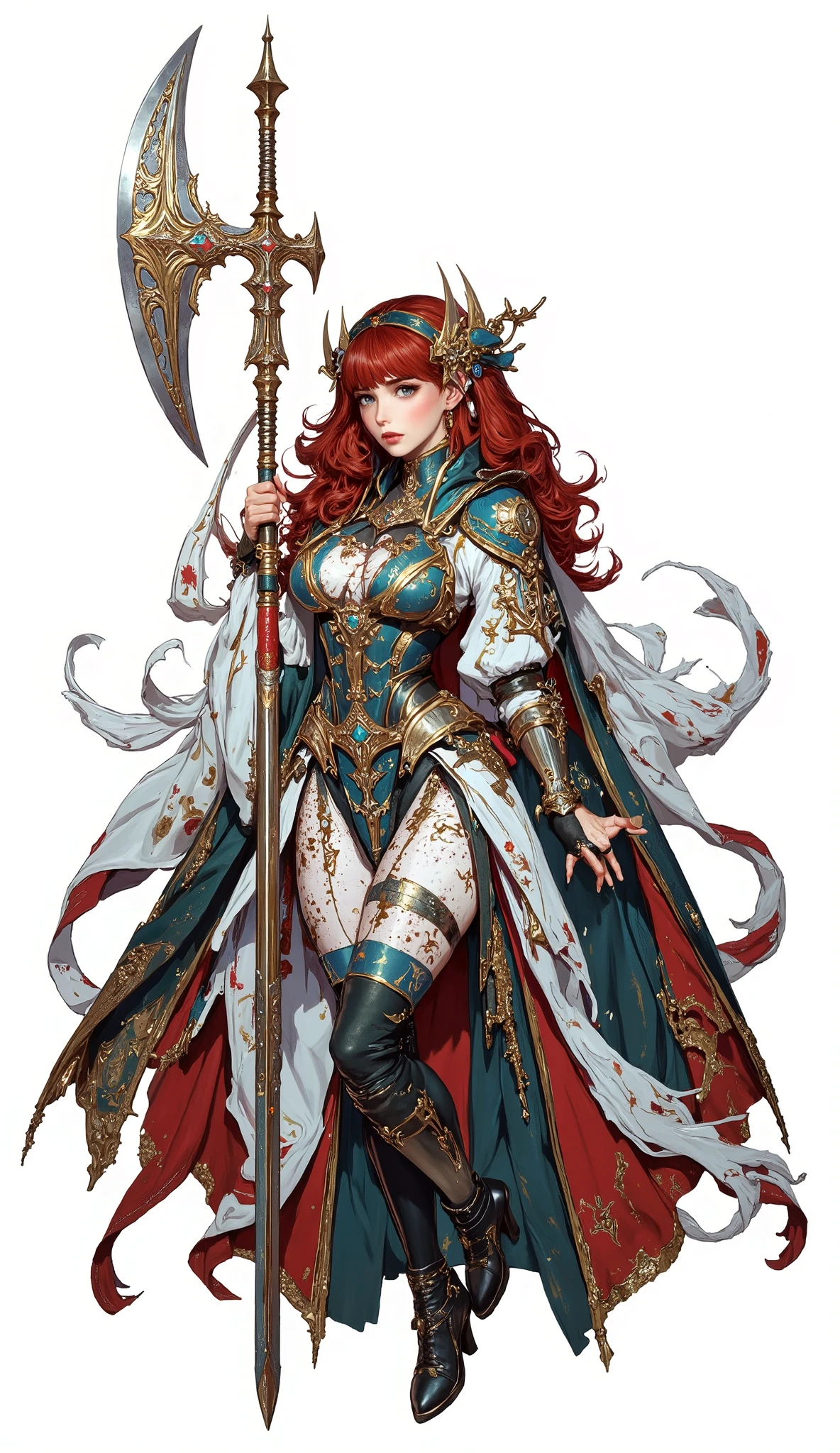 (Masterpiece:1.5,Top Quality:1.3,Amazing Quality:1.3), (Pulsating stance), (Anime Character), ((nsfw)), Solo, Full Length, Chiara, 1 Girl, ((Sexy cute girl:1.5)), White Skin, Silver Gauntlets, Silver Boots, Western sexy Armor, Shining Clothes, gleaming decorations, ((with gigantic Axe type weapon:1.6)), ((sword dance:1.5)), (Wielding a Axe weapon:1.5),pulsatile, The best of the Middle Ages, Female warrior, ready to fight, glamorous, red hair, gothic dress, muscular body, sophisticated and glittering medieval armor, beautiful, very precise and delicate animation, vivid colors, unreal world, fantasy delusion, ((full body view)), (((not background, White background))),